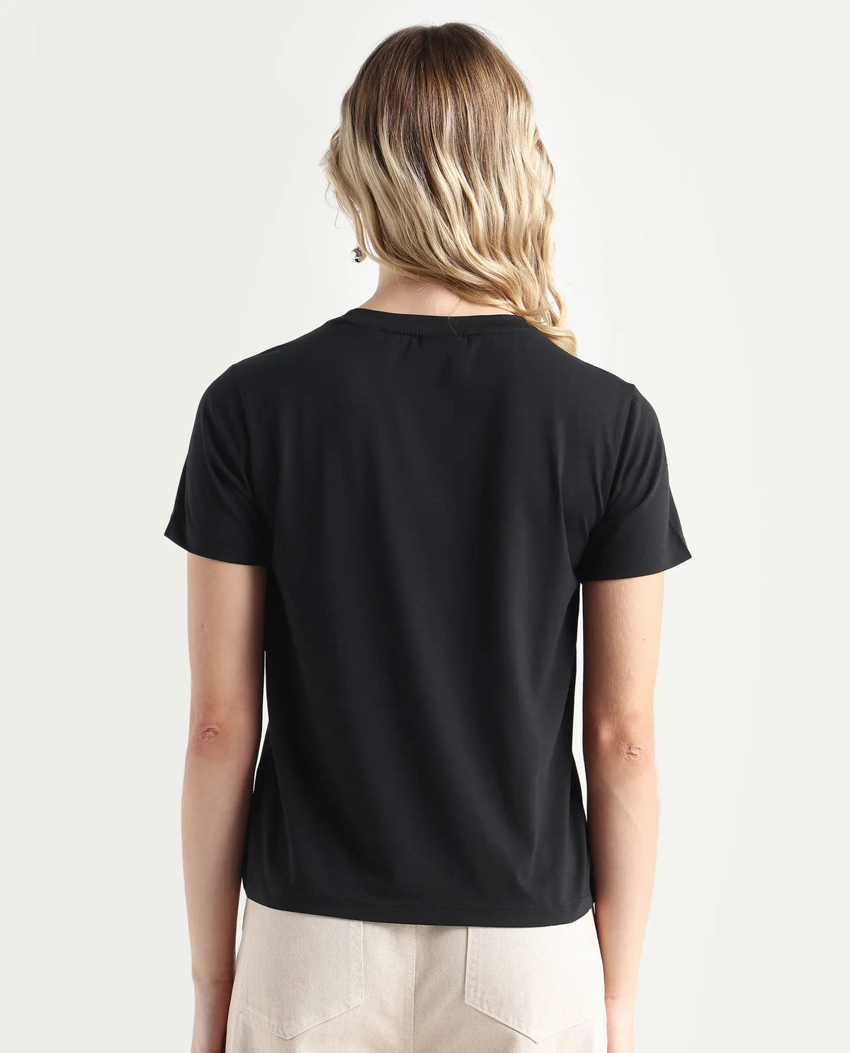 Rareism Women's Fringe Black Cotton Blend Crew Neck Graphic Print Regular Fit T-Shirt