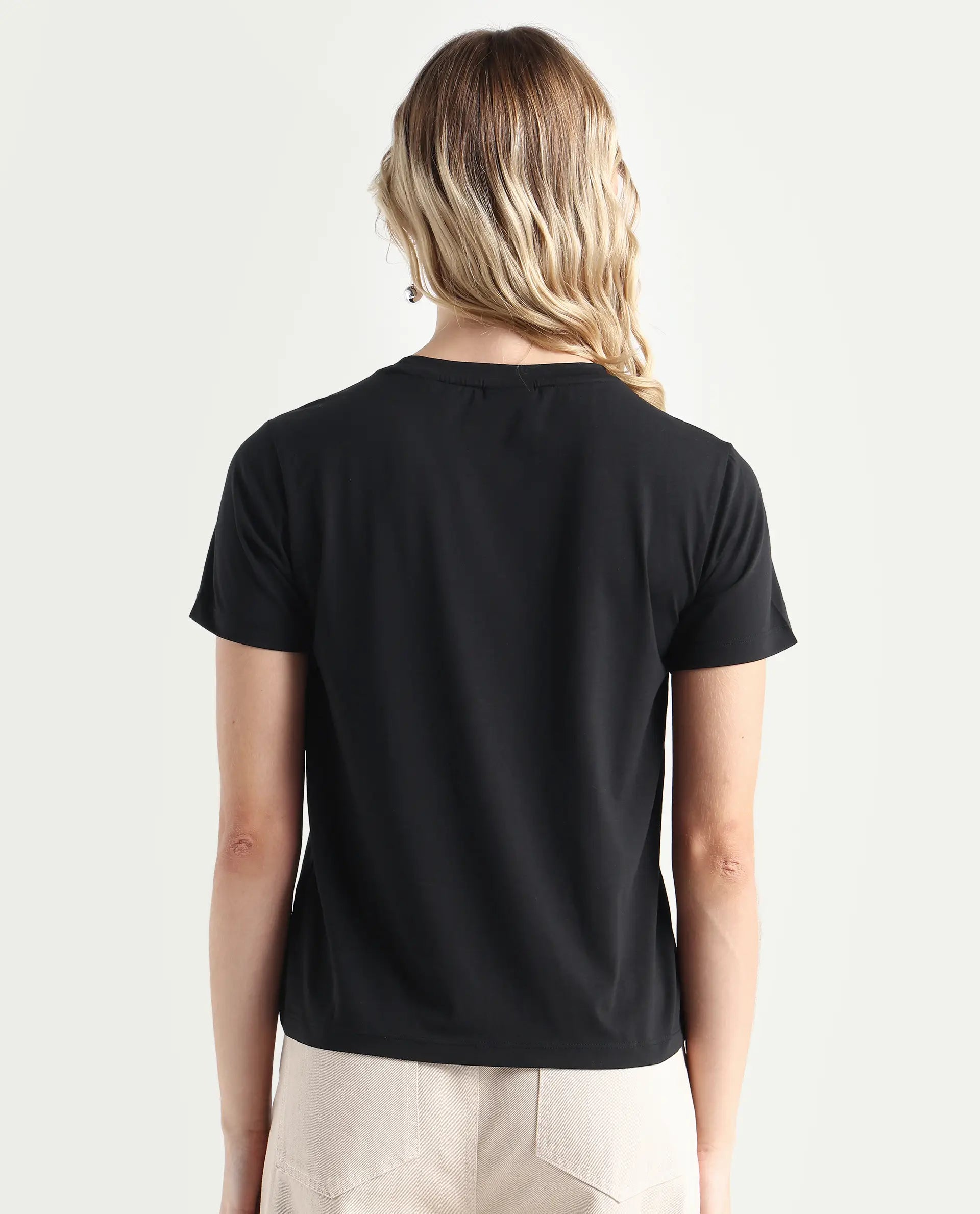 Rareism Women's Fringe Black Cotton Blend Crew Neck Graphic Print Regular Fit T-Shirt