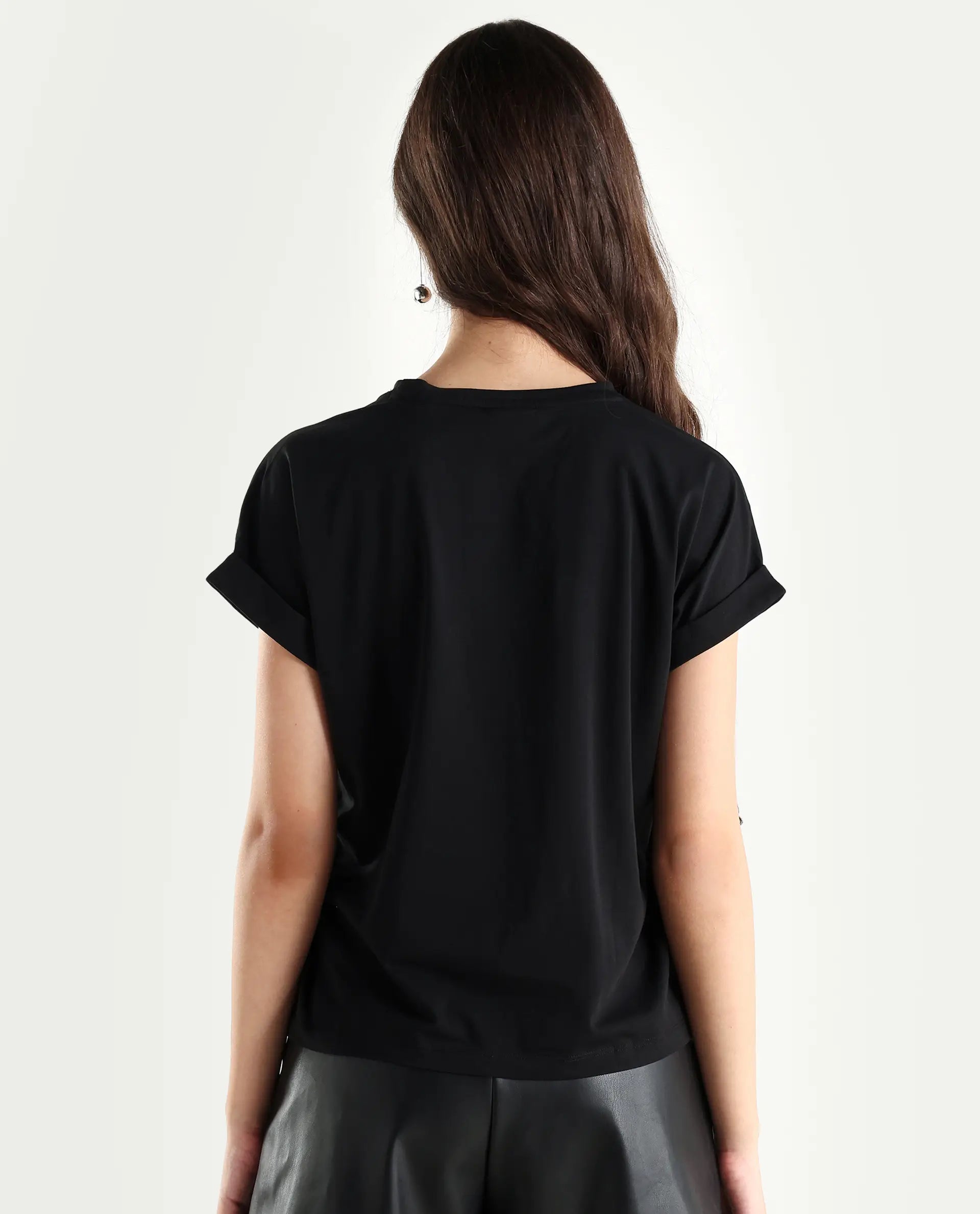 Rareism Women's Ophili Black Cotton Blend Crew Neck Graphic Print Extended Sleeves Regular Fit T-Shirt