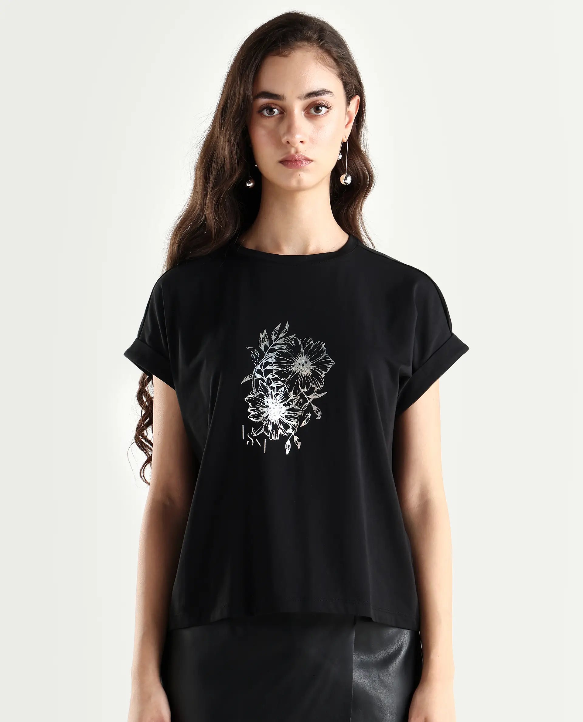Rareism Women's Ophili Black Cotton Blend Crew Neck Graphic Print Extended Sleeves Regular Fit T-Shirt
