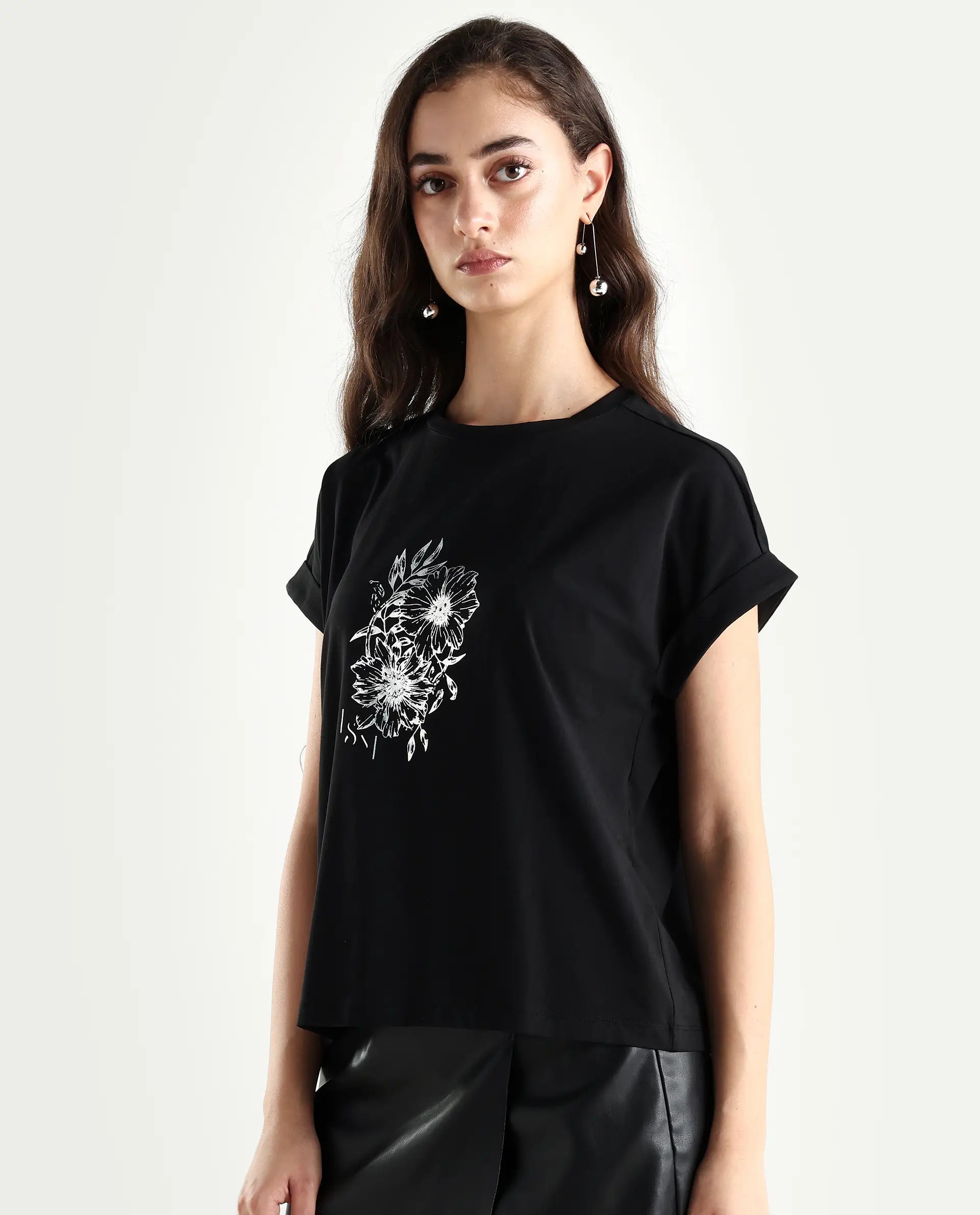 Rareism Women's Ophili Black Cotton Blend Crew Neck Graphic Print Extended Sleeves Regular Fit T-Shirt