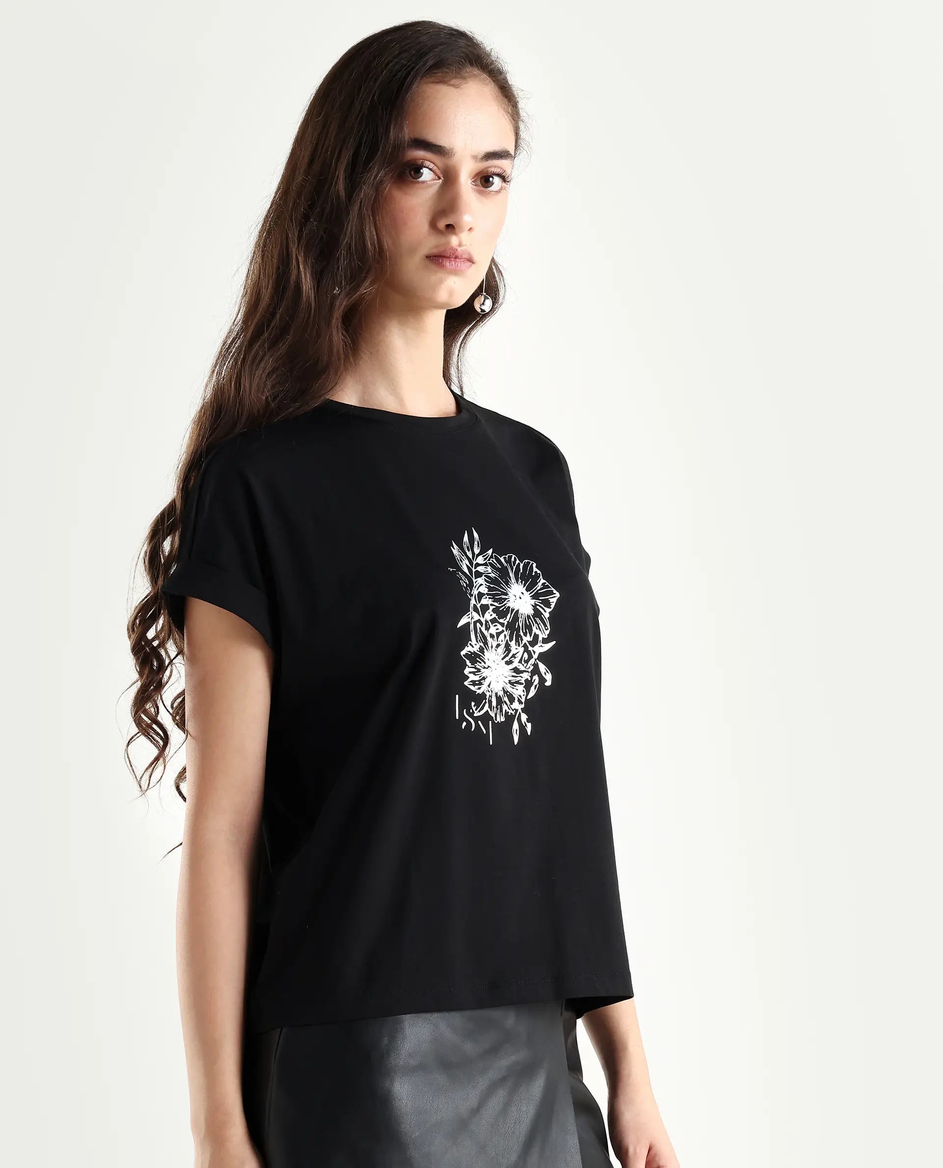 Rareism Women's Ophili Black Cotton Blend Crew Neck Graphic Print Extended Sleeves Regular Fit T-Shirt
