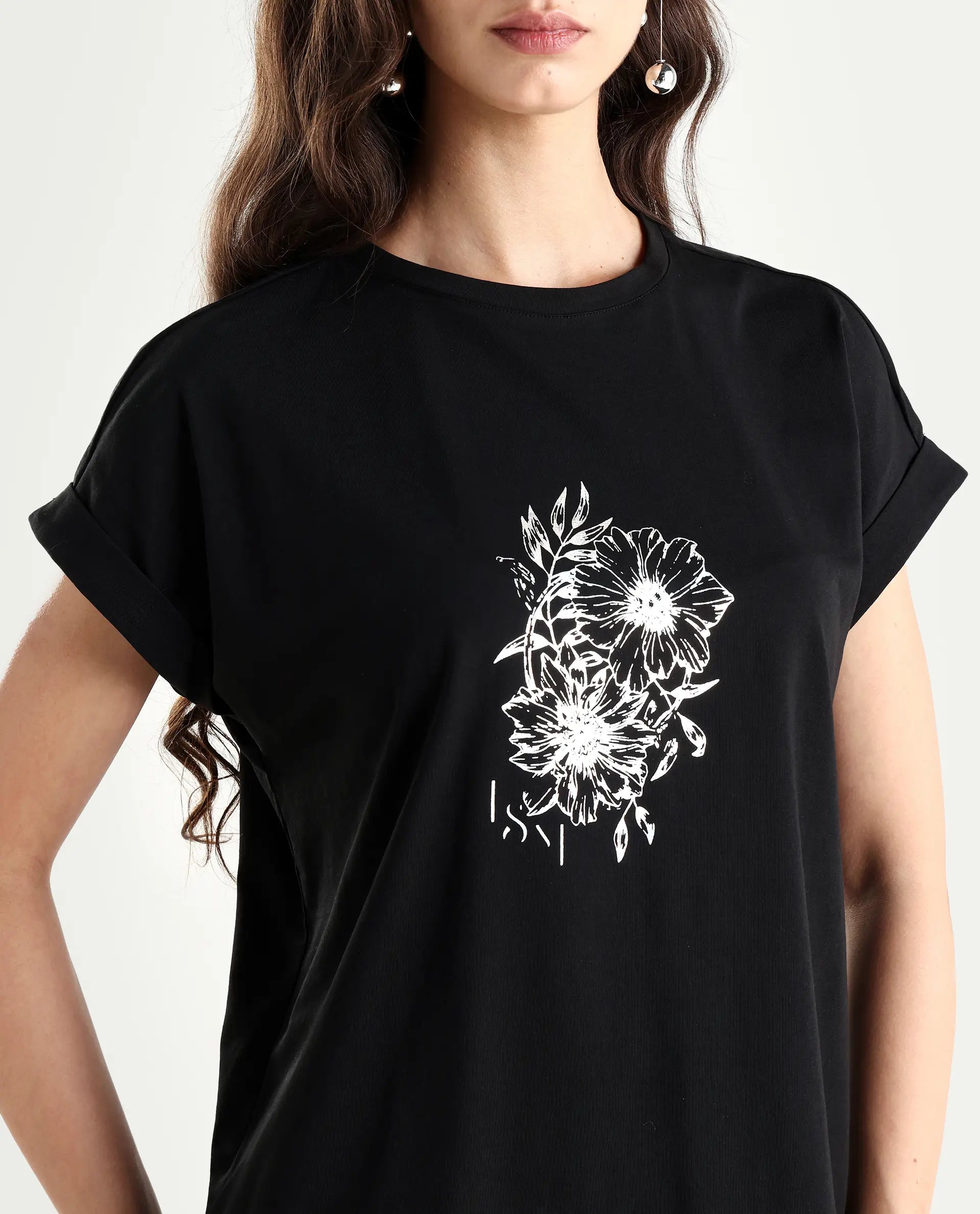 Rareism Women's Ophili Black Cotton Blend Crew Neck Graphic Print Extended Sleeves Regular Fit T-Shirt
