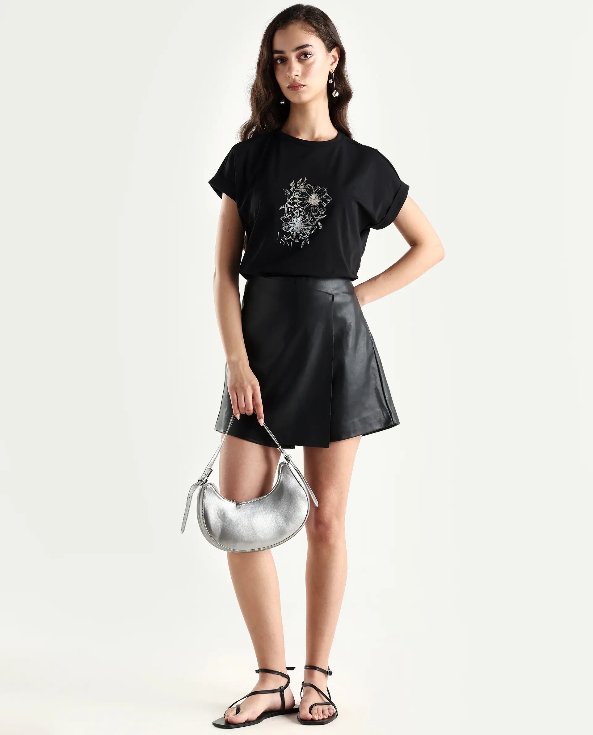 Rareism Women's Ophili Black Cotton Blend Crew Neck Graphic Print Extended Sleeves Regular Fit T-Shirt
