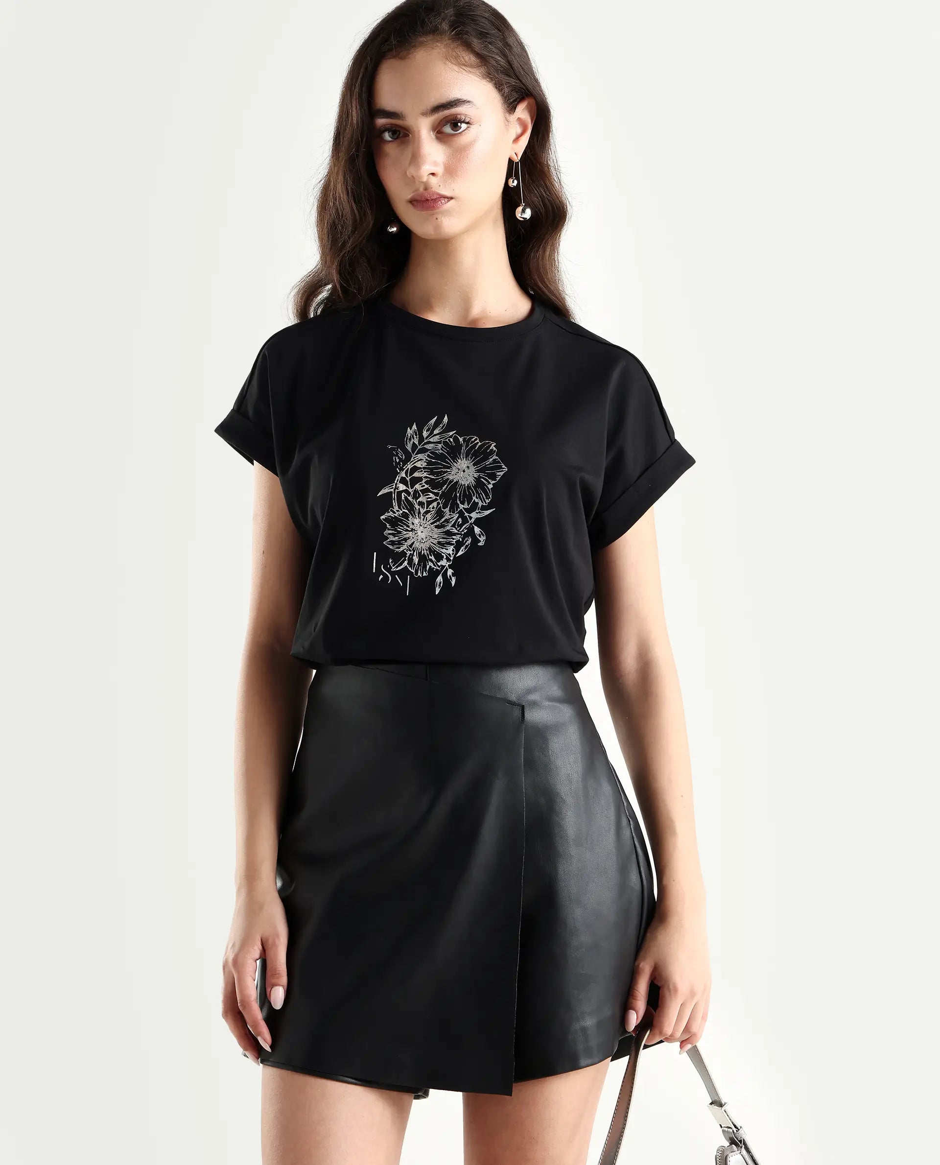 Rareism Women's Ophili Black Cotton Blend Crew Neck Graphic Print Extended Sleeves Regular Fit T-Shirt