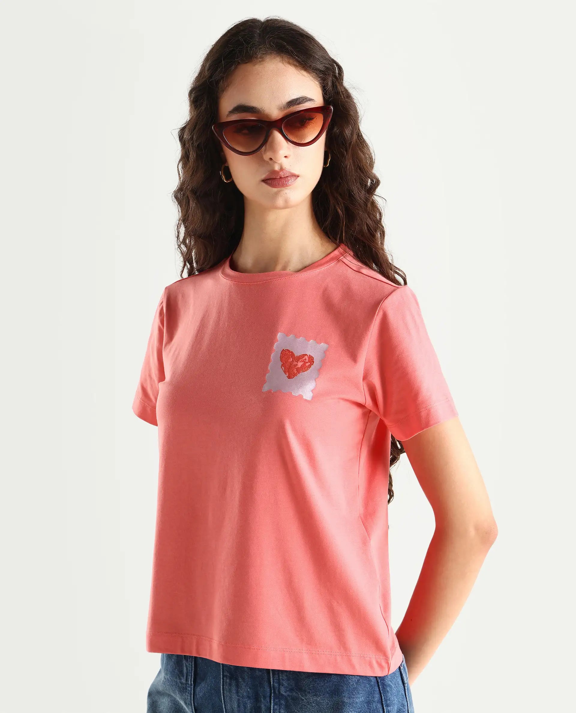 Rareism Women's Strudant Peach Cotton Blend Crew Neck Graphic Print Regular Fit T-Shirt