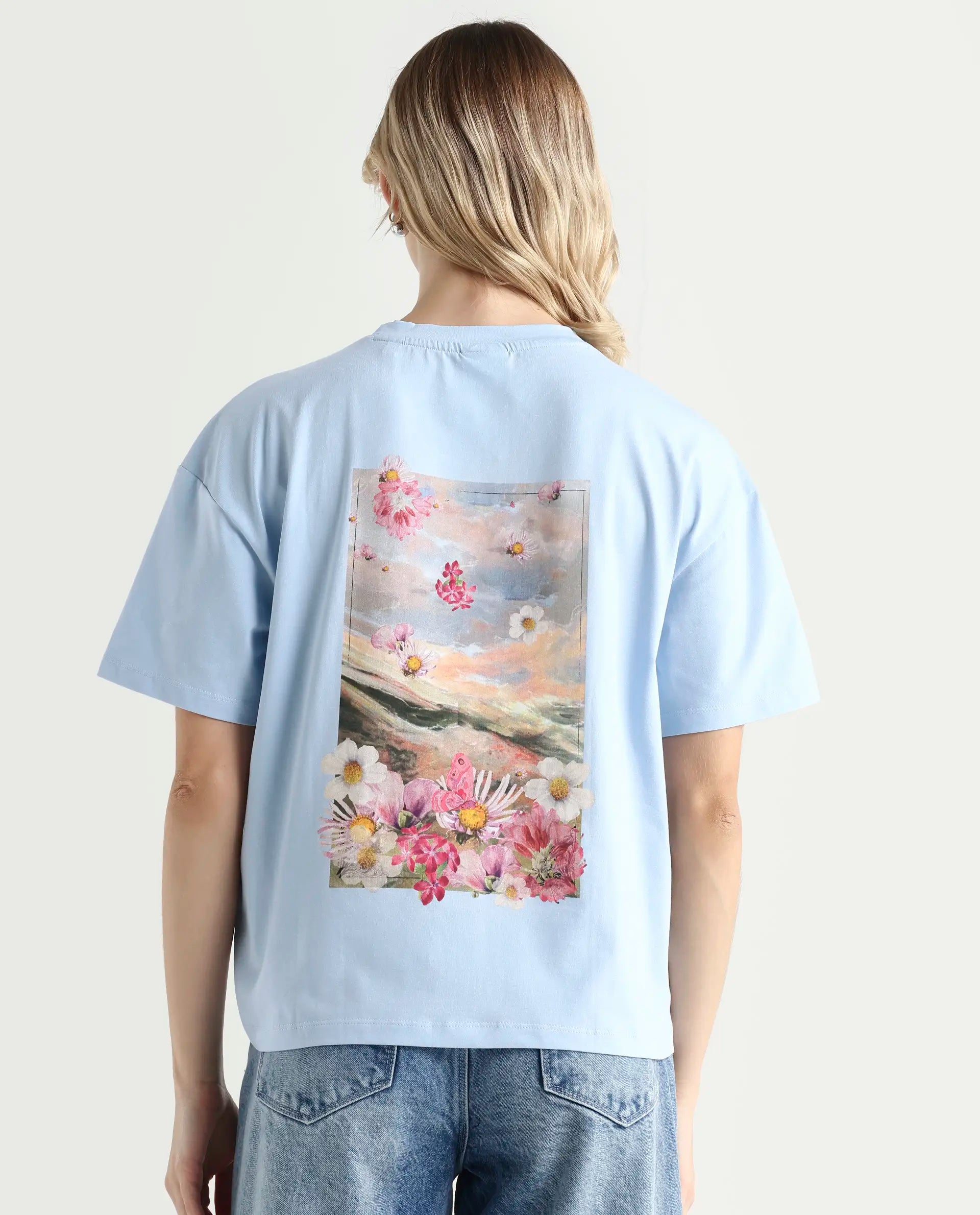 Rareism Women's Purpulent Light Blue Cotton Blend Crew Neck Graphic Print Boxy Fit T-Shirt
