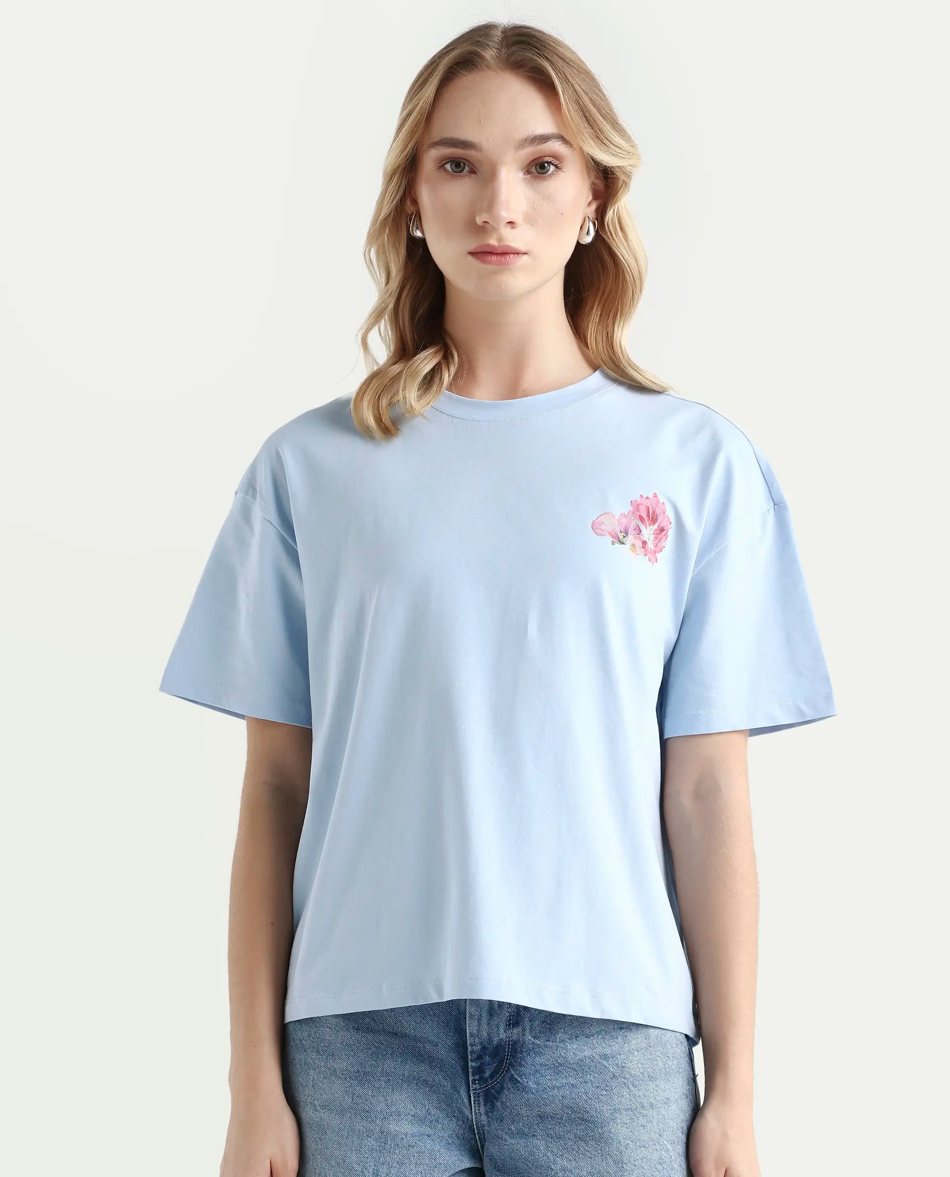 Rareism Women's Purpulent Light Blue Cotton Blend Crew Neck Graphic Print Boxy Fit T-Shirt