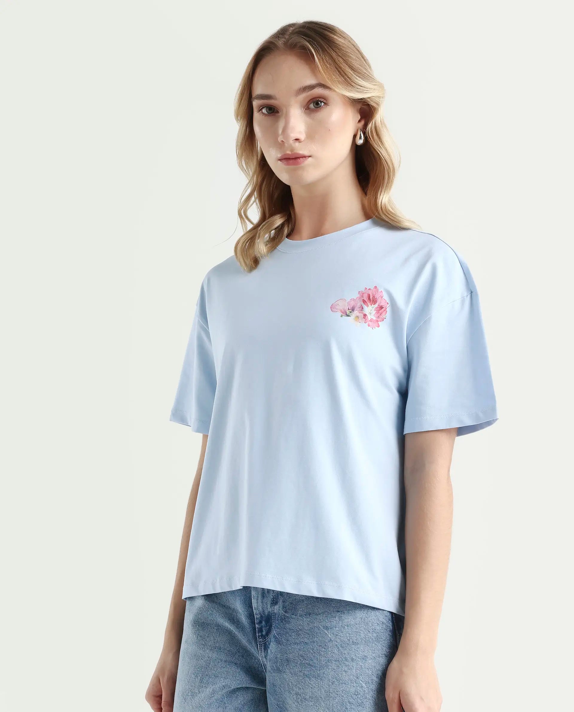 Rareism Women's Purpulent Light Blue Cotton Blend Crew Neck Graphic Print Boxy Fit T-Shirt