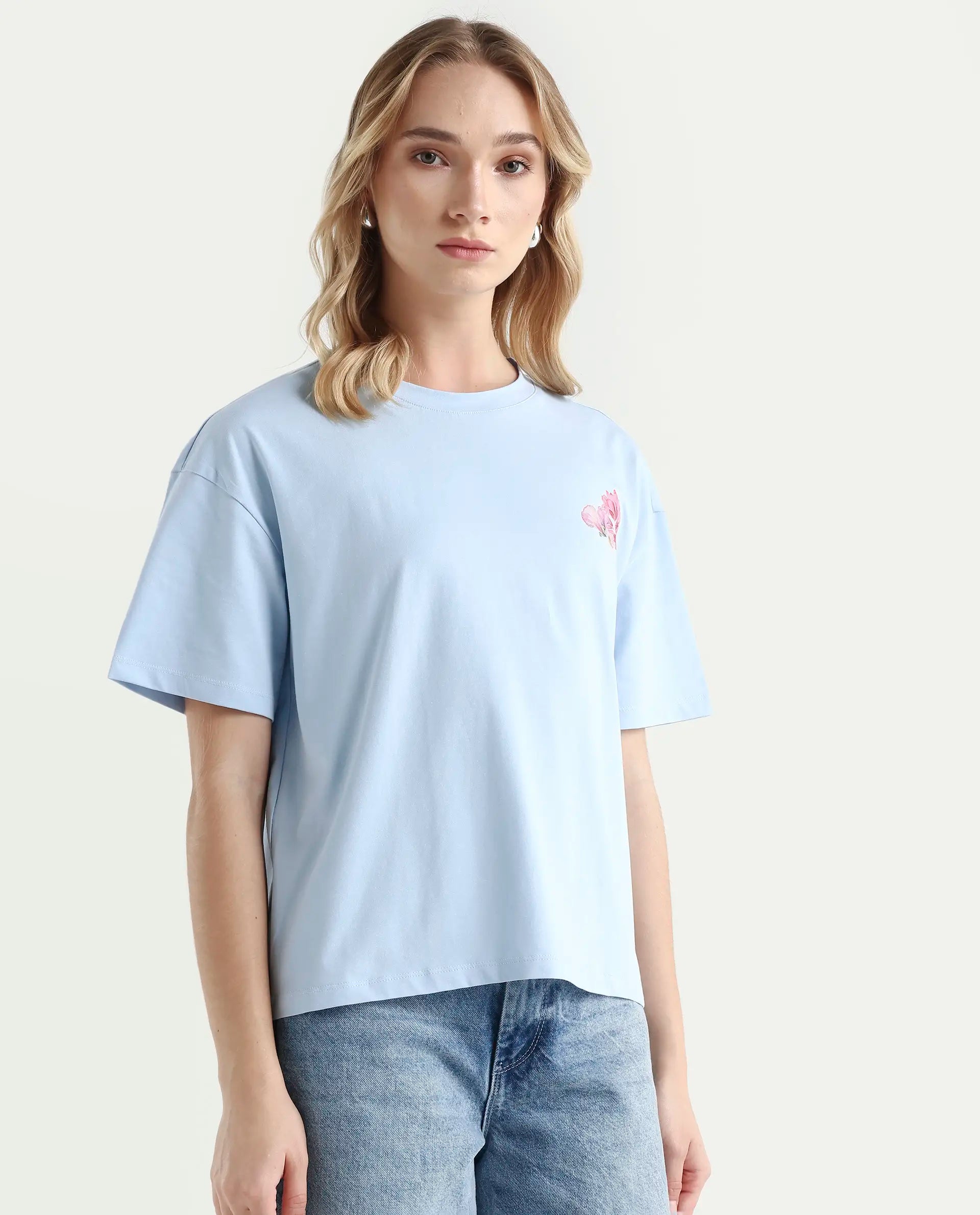 Rareism Women's Purpulent Light Blue Cotton Blend Crew Neck Graphic Print Boxy Fit T-Shirt