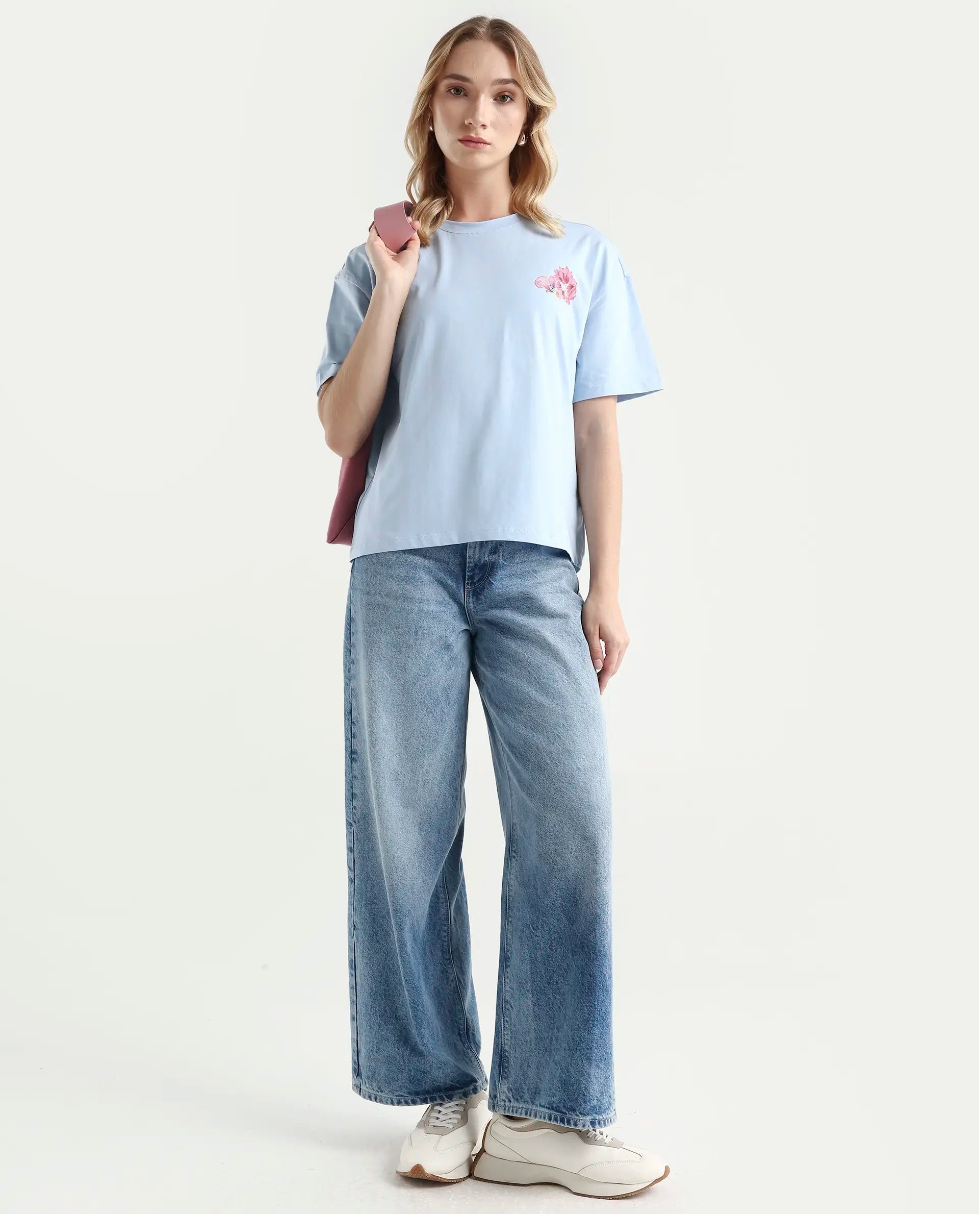 Rareism Women's Purpulent Light Blue Cotton Blend Crew Neck Graphic Print Boxy Fit T-Shirt
