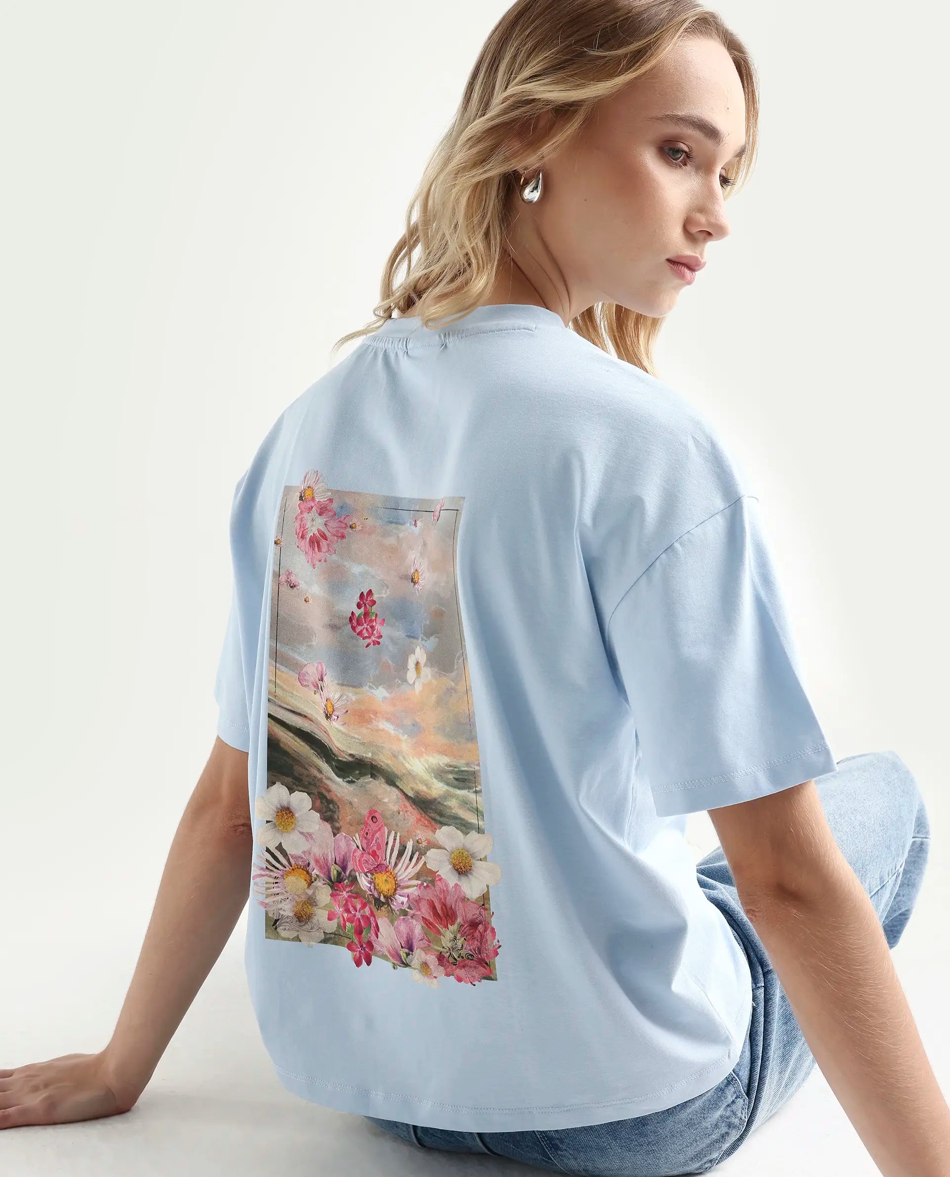 Rareism Women's Purpulent Light Blue Cotton Blend Crew Neck Graphic Print Boxy Fit T-Shirt