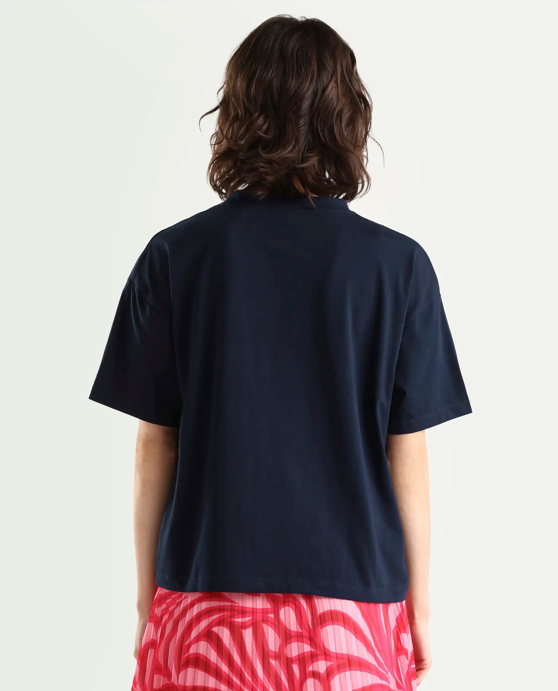 Rareism Women's Oppamen Dark Navy Cotton Blend Crew Neck Graphic Print Boxy Fit T-Shirt