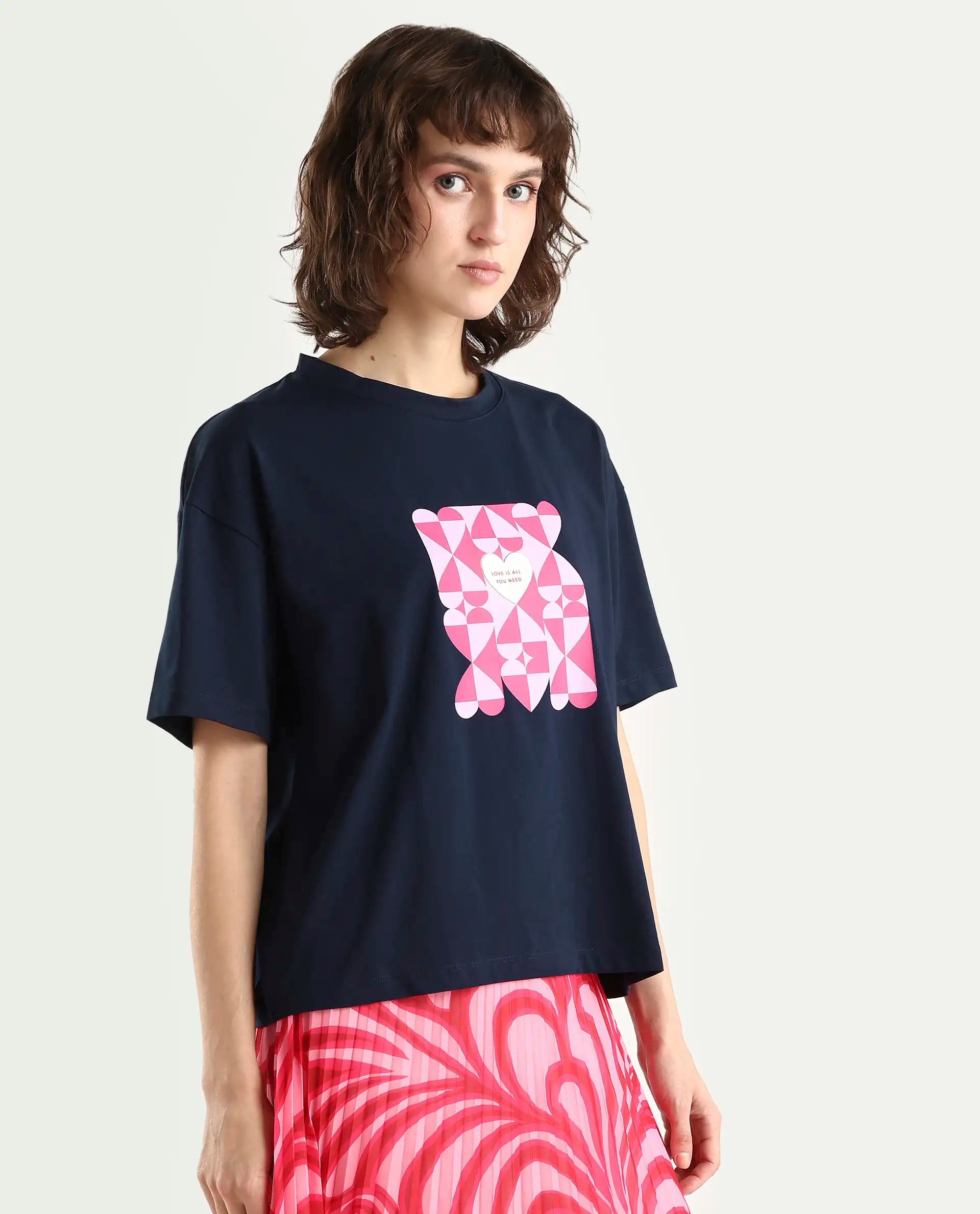 Rareism Women's Oppamen Dark Navy Cotton Blend Crew Neck Graphic Print Boxy Fit T-Shirt