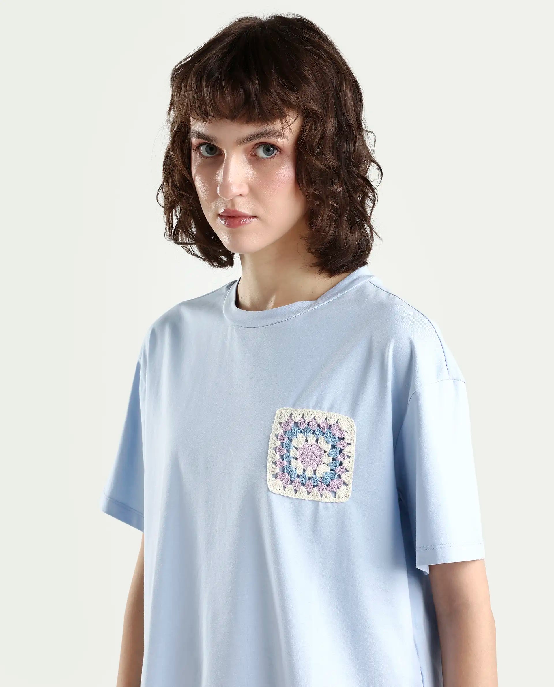 Rareism Women's Poppy Light Blue Cotton Blend Crew Neck Plain Boxy Fit T-Shirt