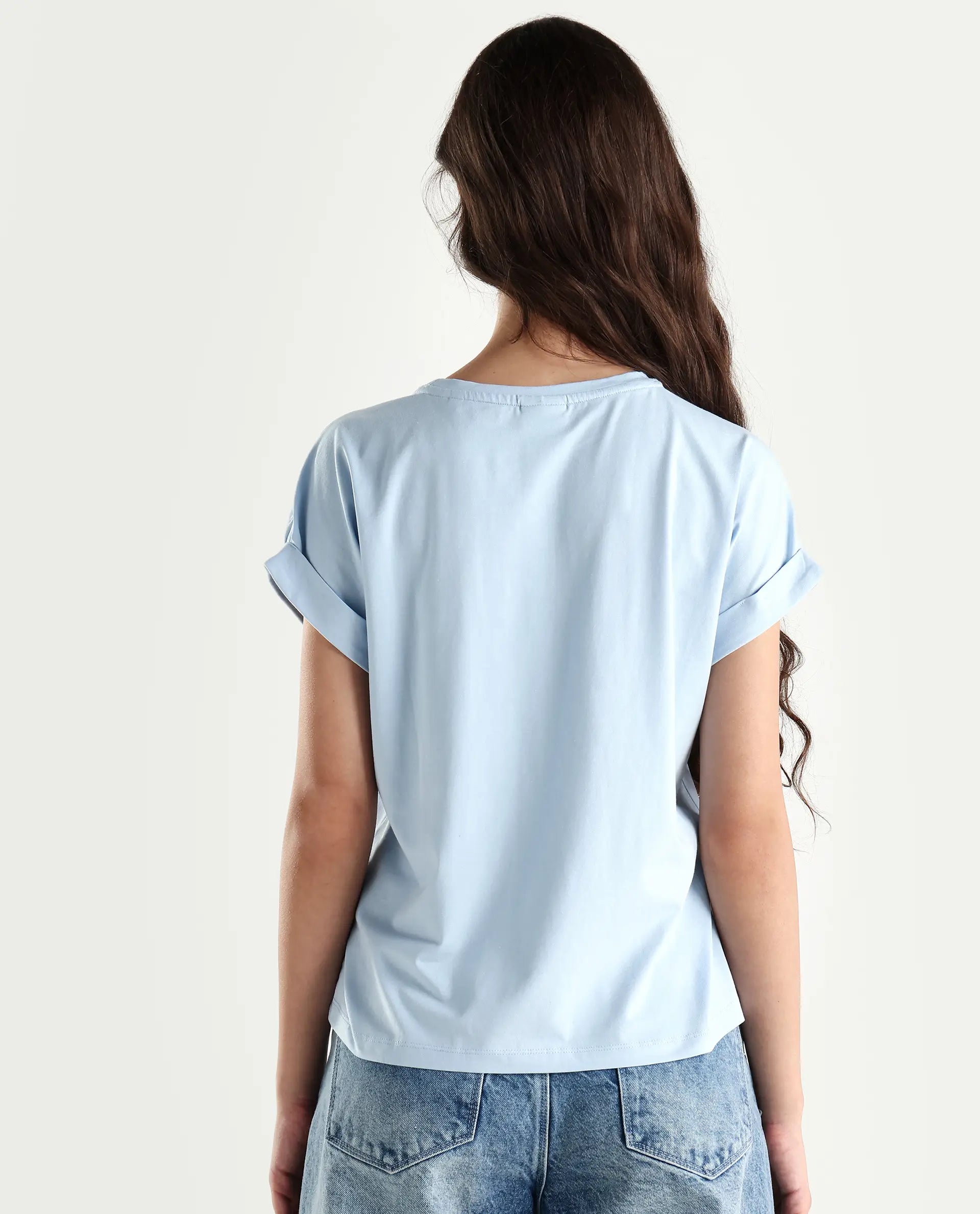 Rareism Women's Alte Light Blue Cotton Blend Crew Neck Graphic Print Extended Sleeves Regular Fit T-Shirt