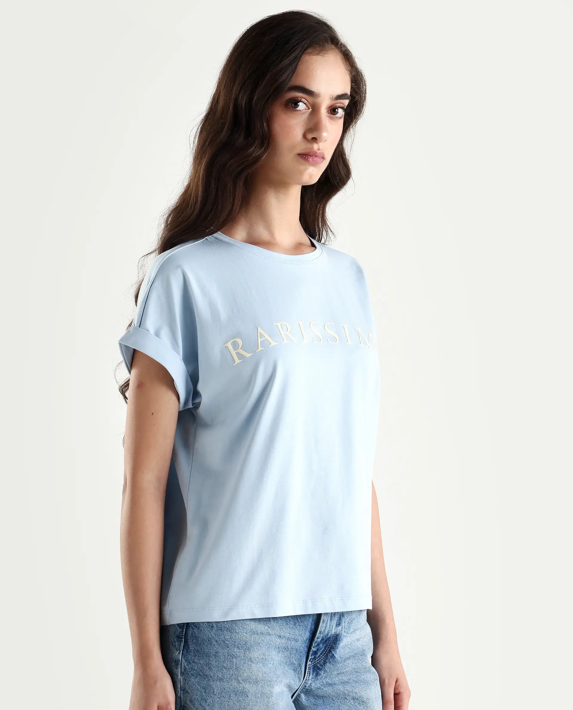Rareism Women's Alte Light Blue Cotton Blend Crew Neck Graphic Print Extended Sleeves Regular Fit T-Shirt