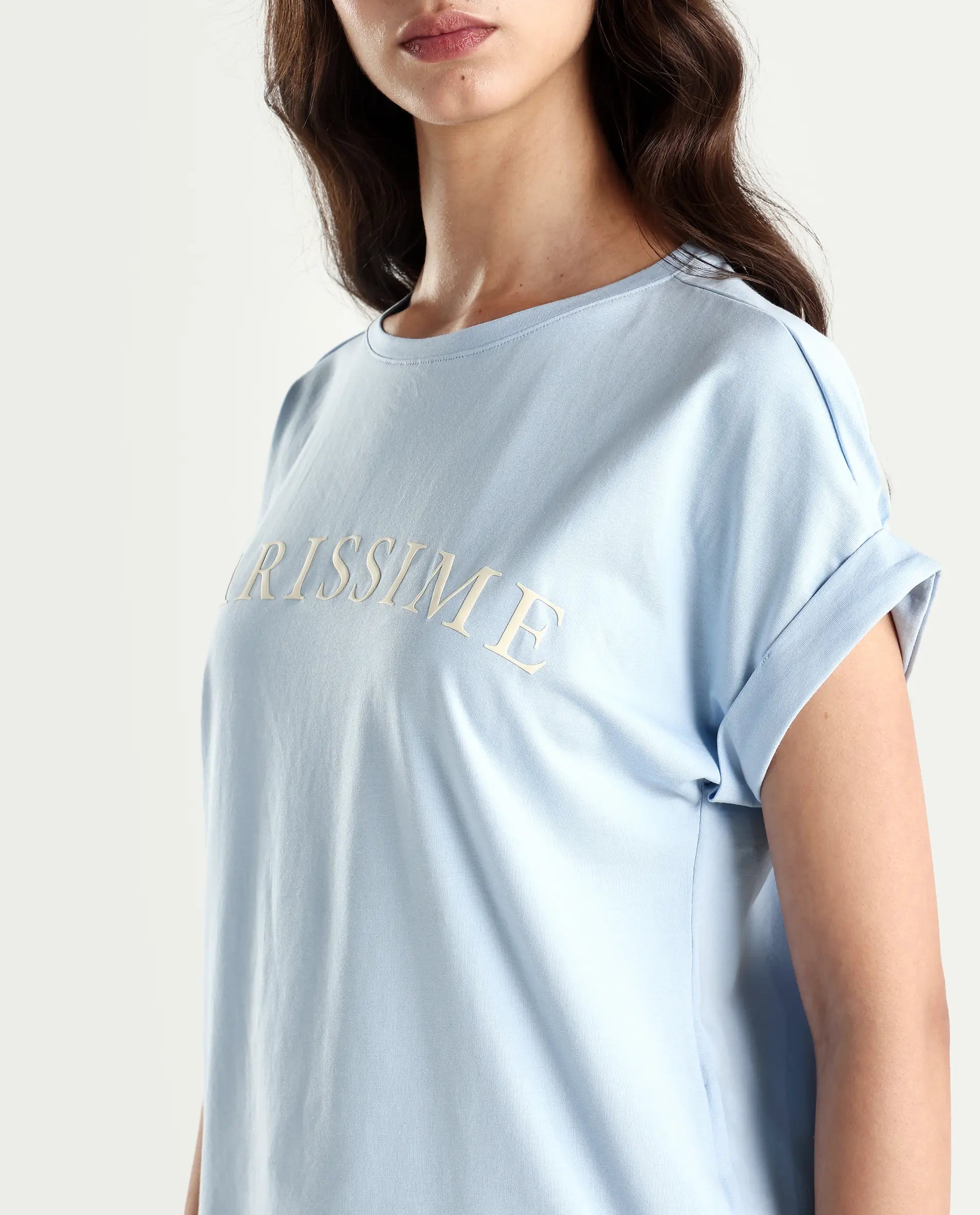Rareism Women's Alte Light Blue Cotton Blend Crew Neck Graphic Print Extended Sleeves Regular Fit T-Shirt