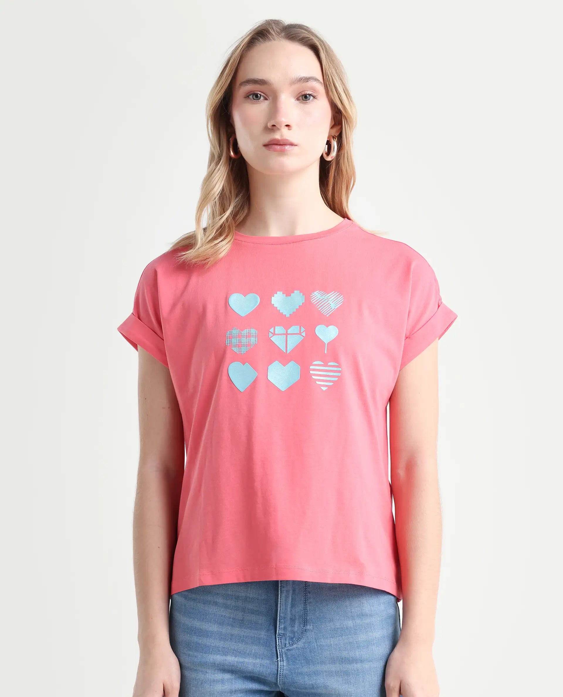 Rareism Women's Antilot Peach Cotton Blend Crew Neck Graphic Print Extended Sleeves Regular Fit T-Shirt