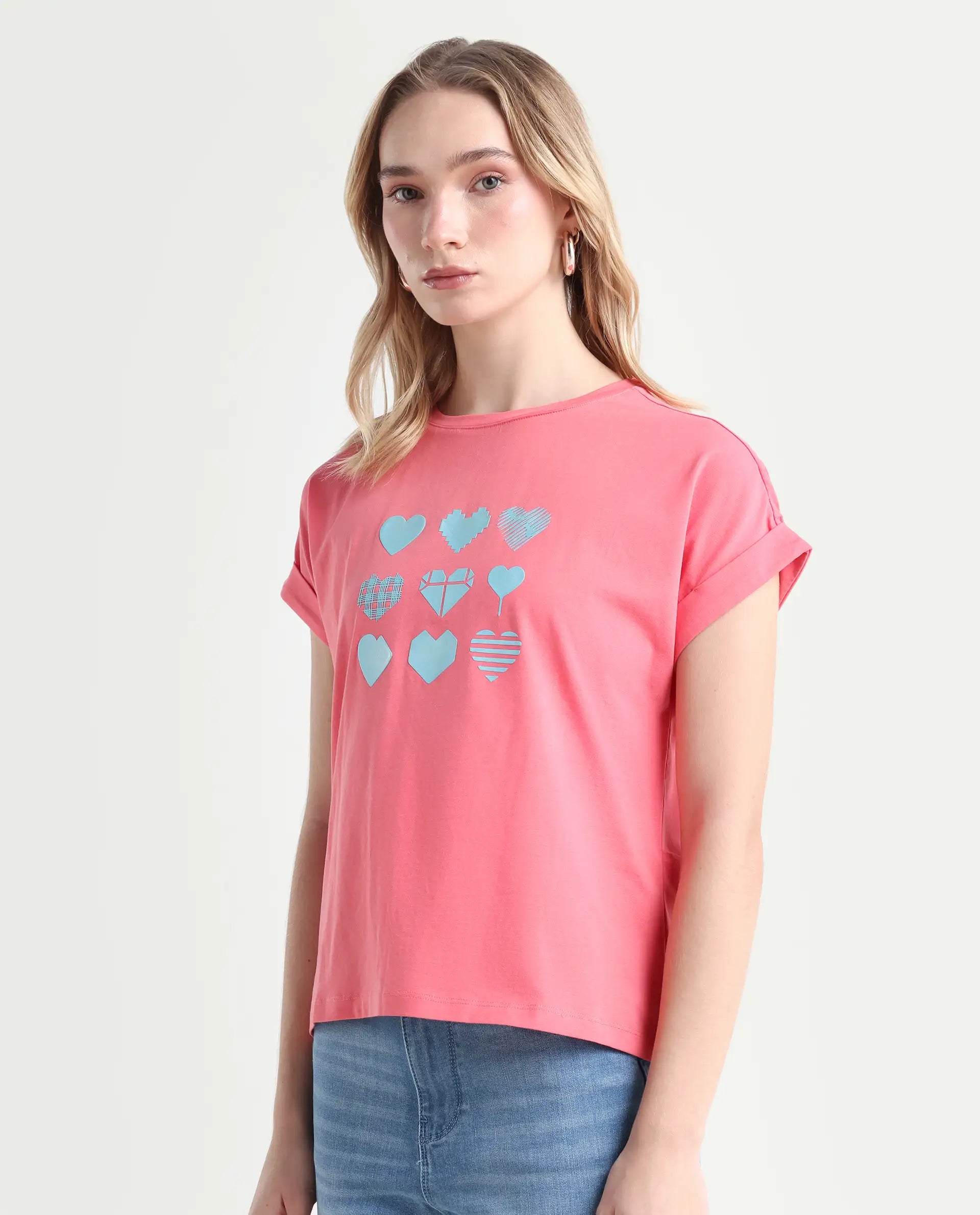Rareism Women's Antilot Peach Cotton Blend Crew Neck Graphic Print Extended Sleeves Regular Fit T-Shirt