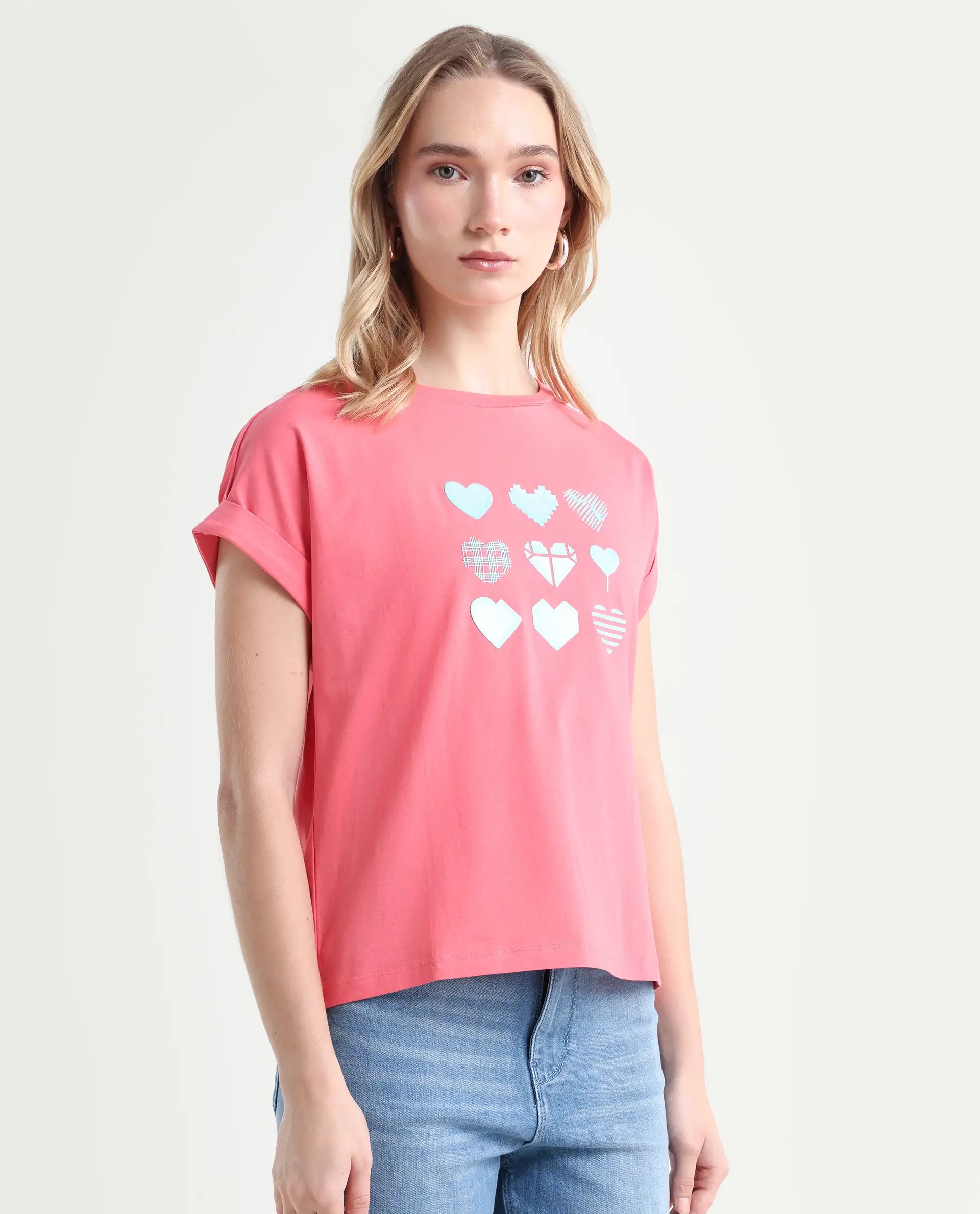 Rareism Women's Antilot Peach Cotton Blend Crew Neck Graphic Print Extended Sleeves Regular Fit T-Shirt
