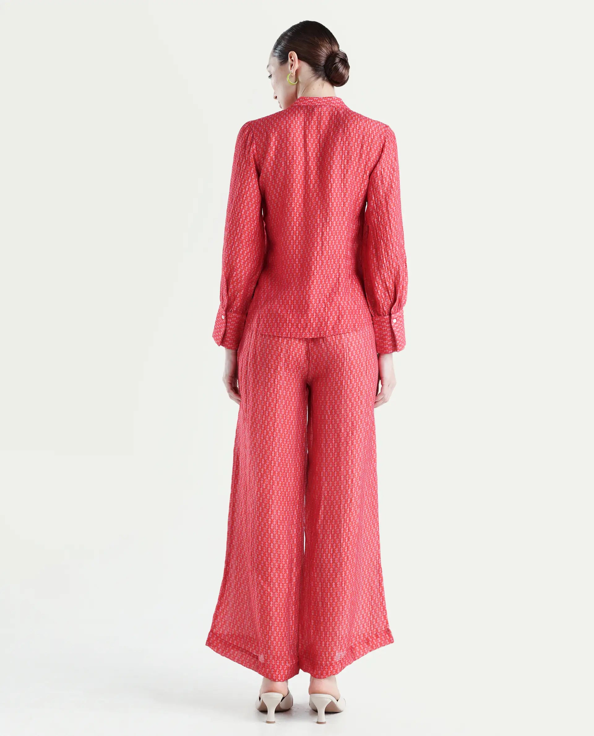 Rareism Women's Rusha-B Red Rayon Geometric Print Ankle Length Wide Trouser