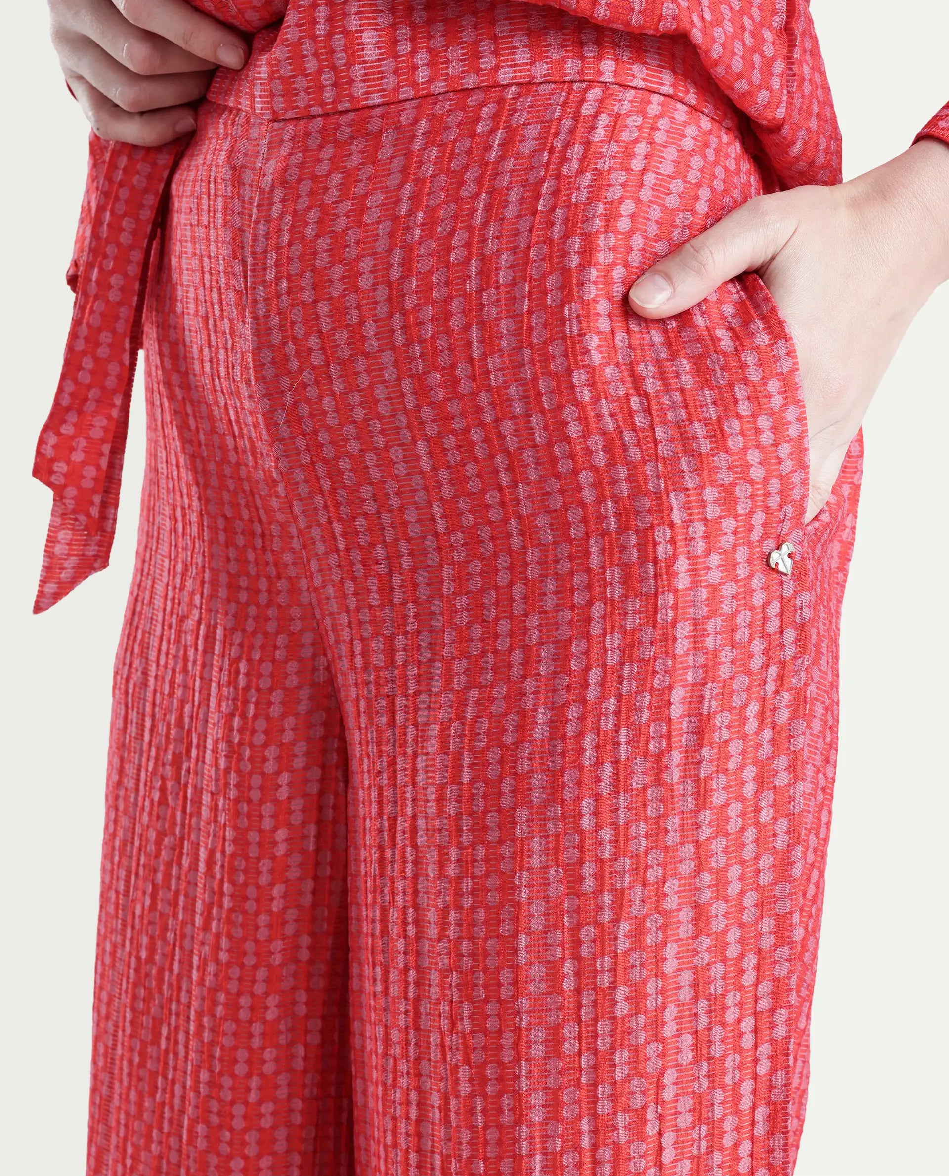 Rareism Women's Rusha-B Red Nylon Blend Geometric Print Ankle Length Wide Trouser