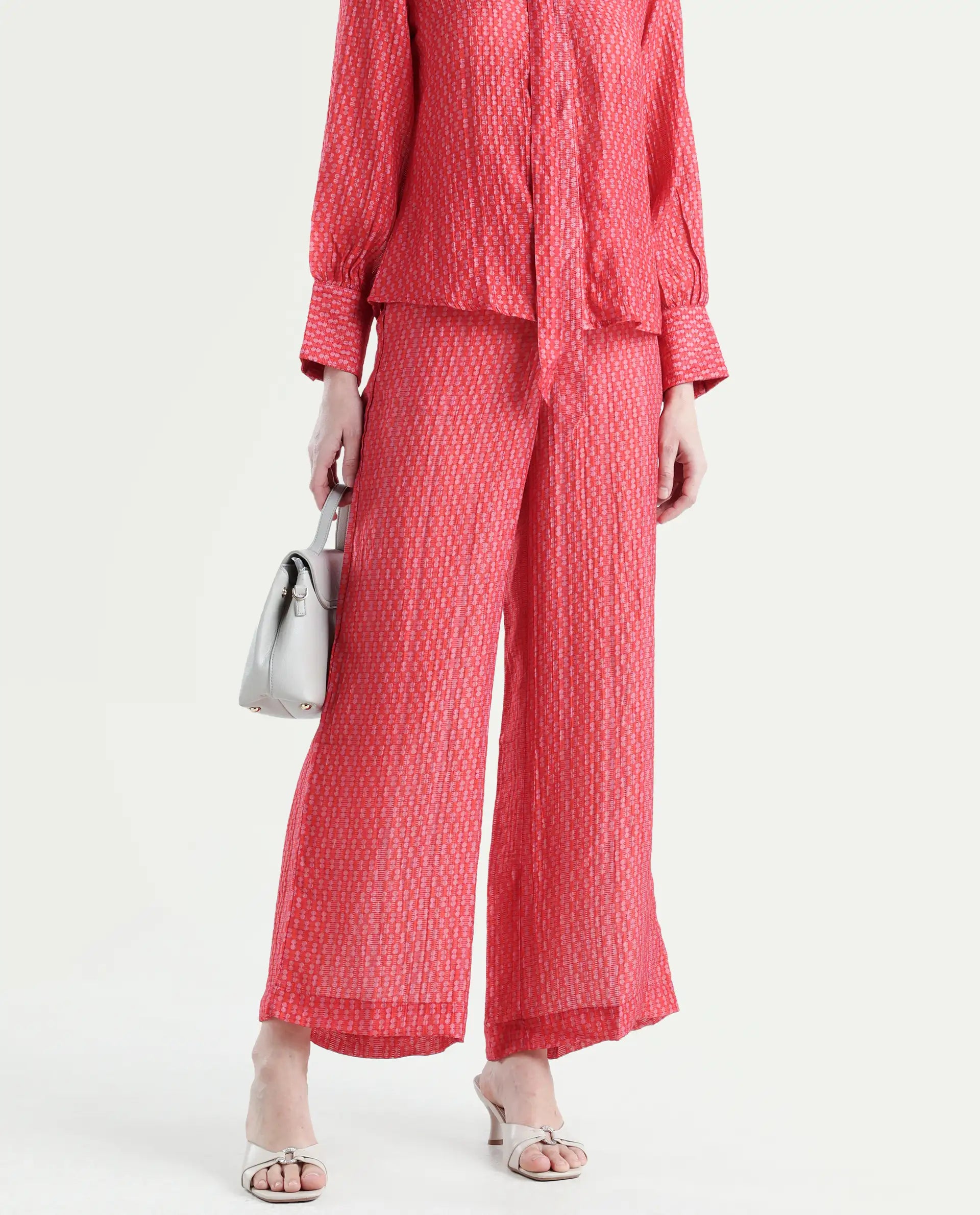 Rareism Women's Rusha-B Red Rayon Geometric Print Ankle Length Wide Trouser