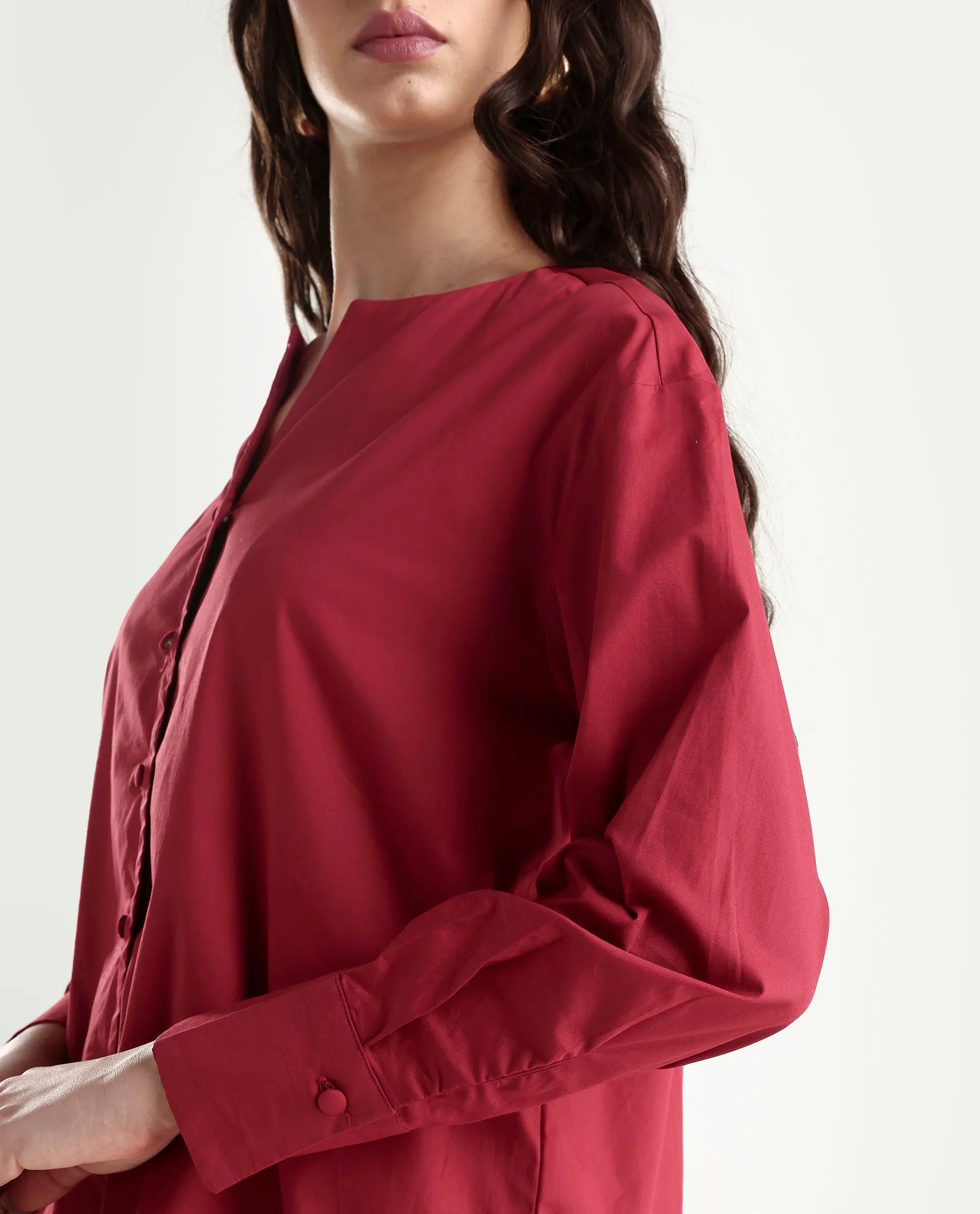 Rareism Women's Nagoya Red Crew Neck Plain Cuffed Sleeve Regular Fit Top