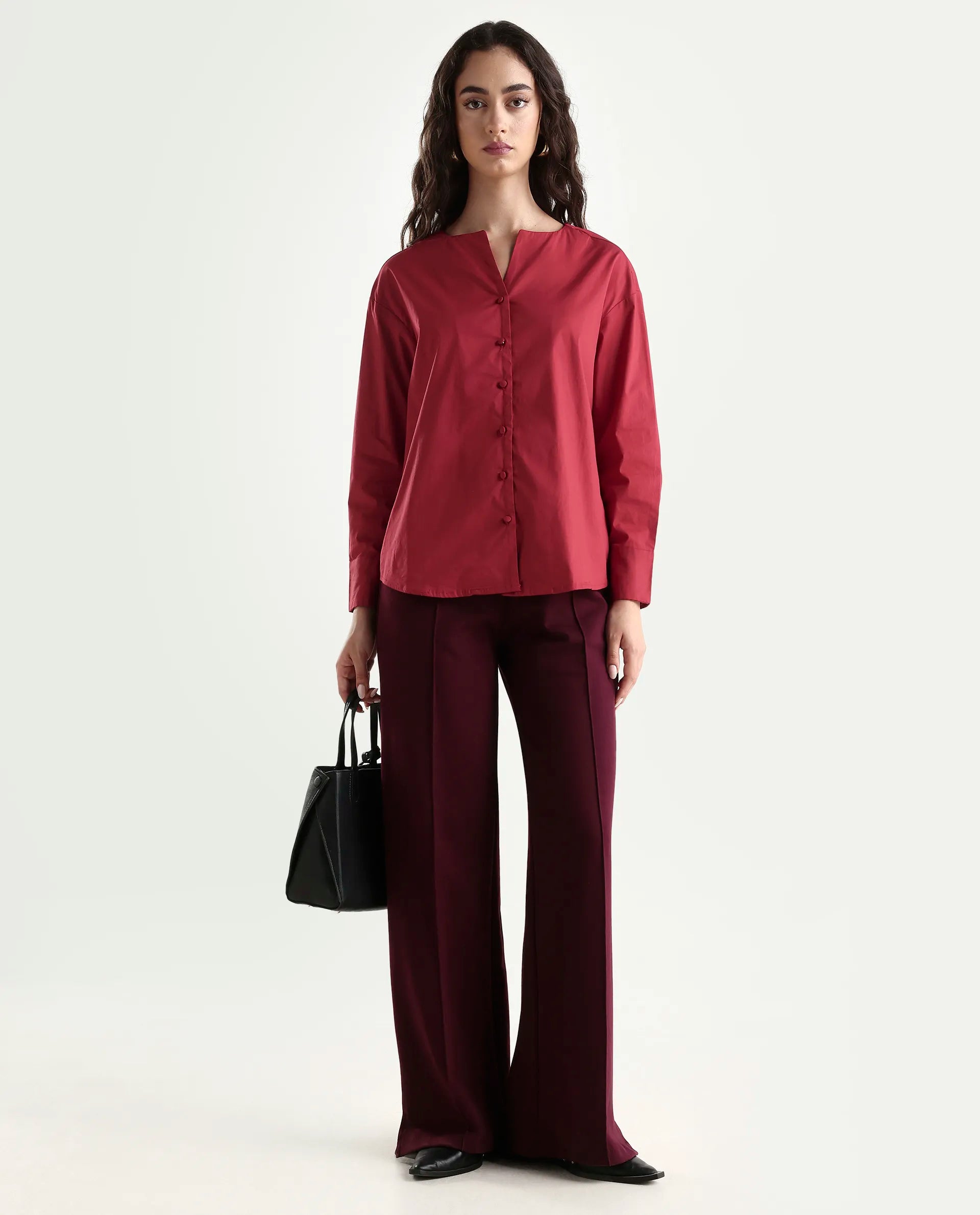 Rareism Women's Nagoya Red Crew Neck Plain Cuffed Sleeve Regular Fit Top