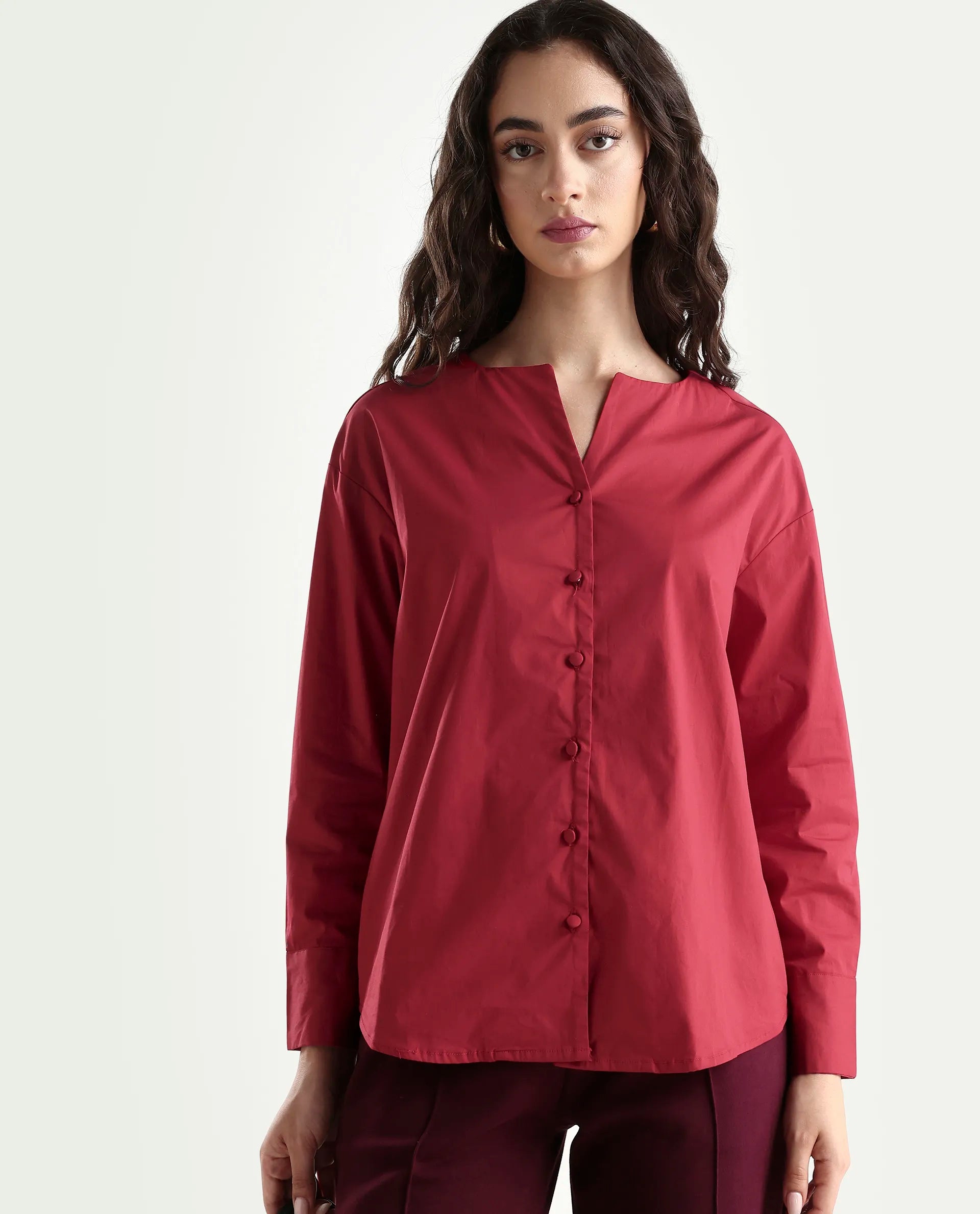 Rareism Women's Nagoya Red Crew Neck Plain Cuffed Sleeve Regular Fit Top