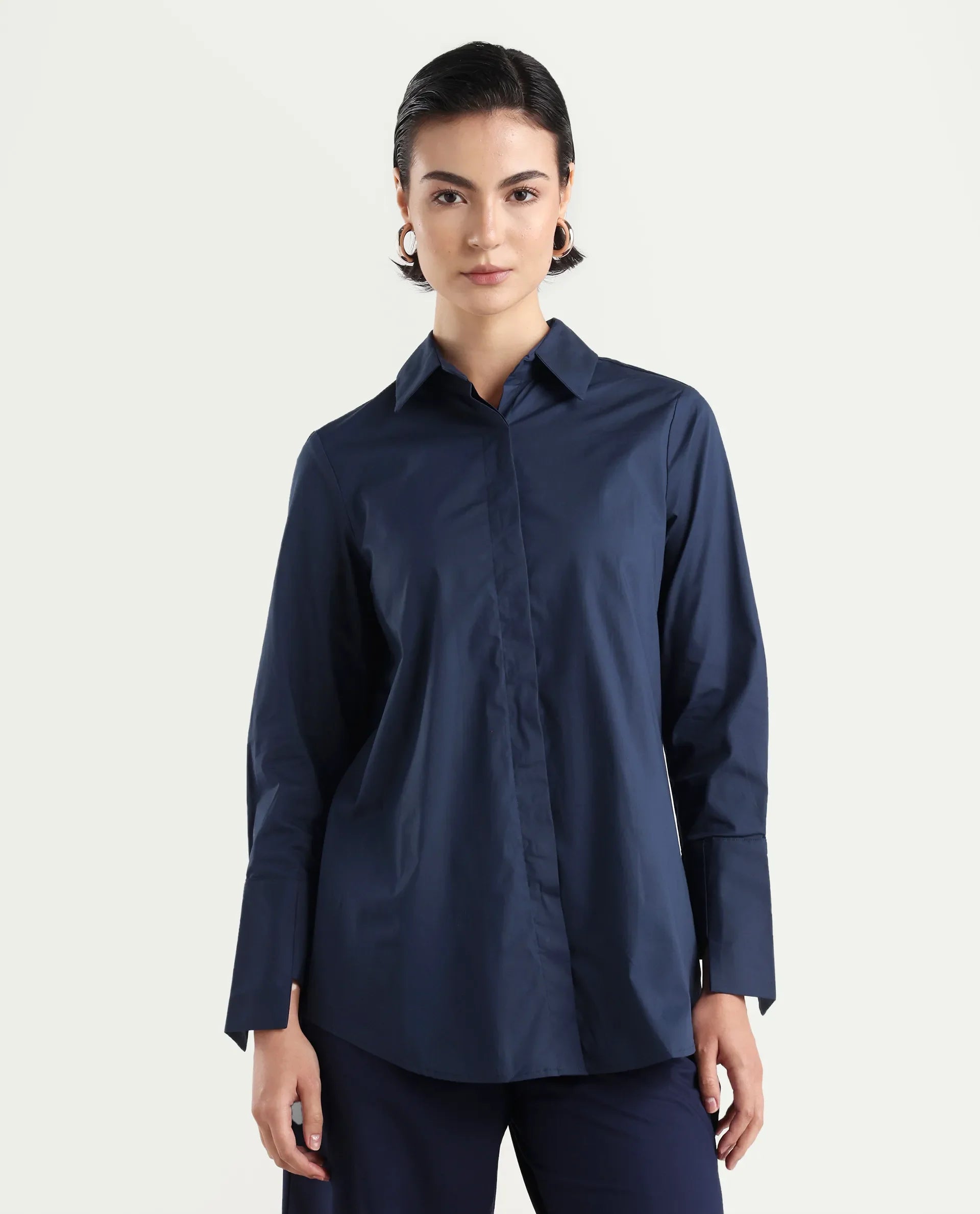 Rareism Women's Tottori Dark Blue Drop Collar Plain Cuffed Sleeve Relaxed Fit Shirt