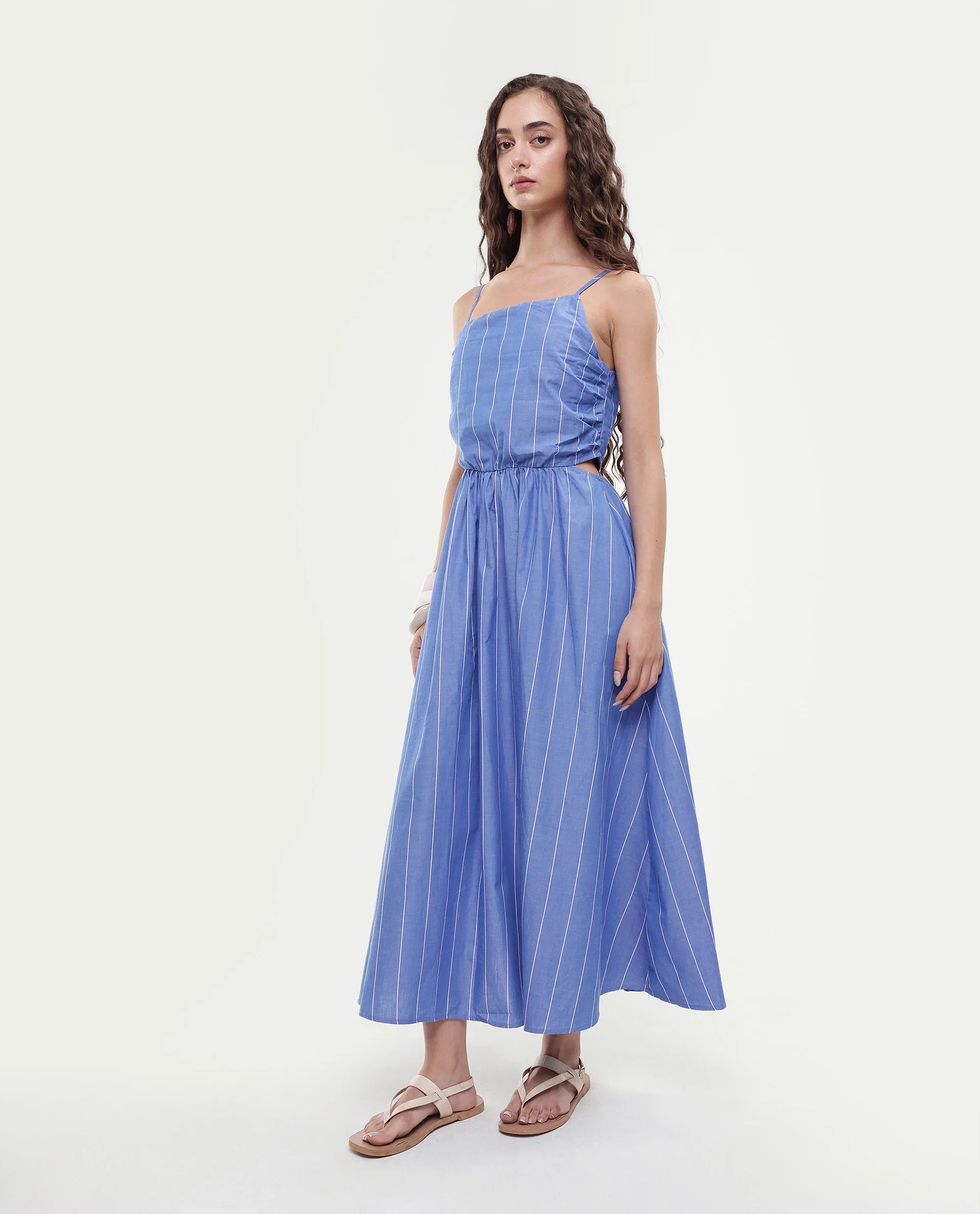 Rareism Women's Doyle Blue Asymmetric Neck Striped Shoulder Strap Midi Fit And Flare Dress