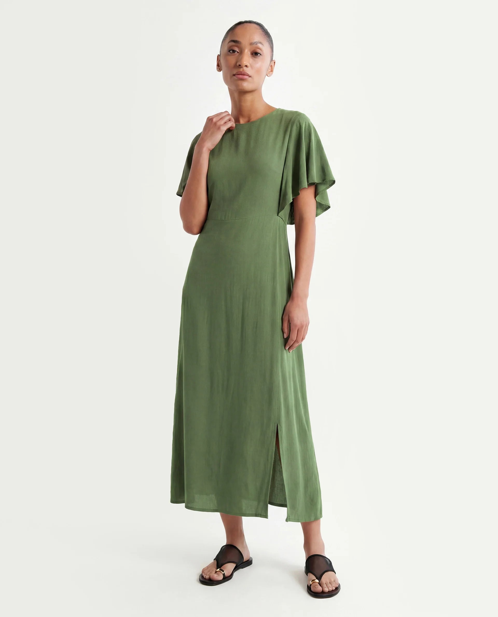 Rareism Women's Dana Green Crew Neck Plain Ruffled Sleeve Midi Fit And Flare Dress