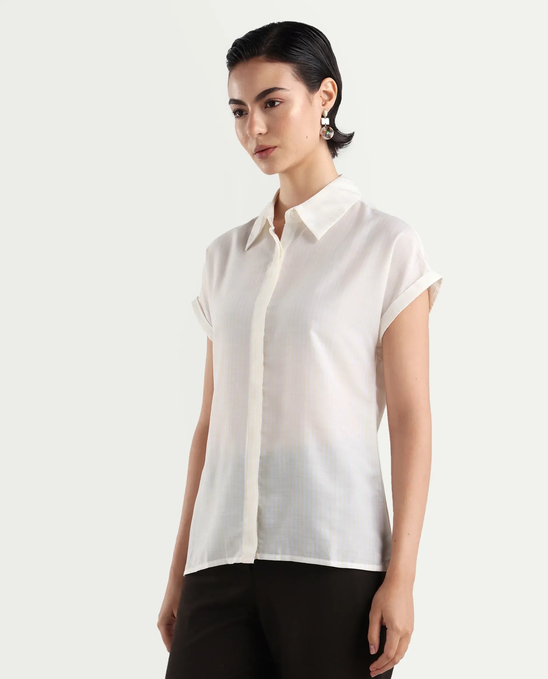 Rareism Women's Europa Light White Drop Collar Striped Extended Sleeves Regular Fit Top