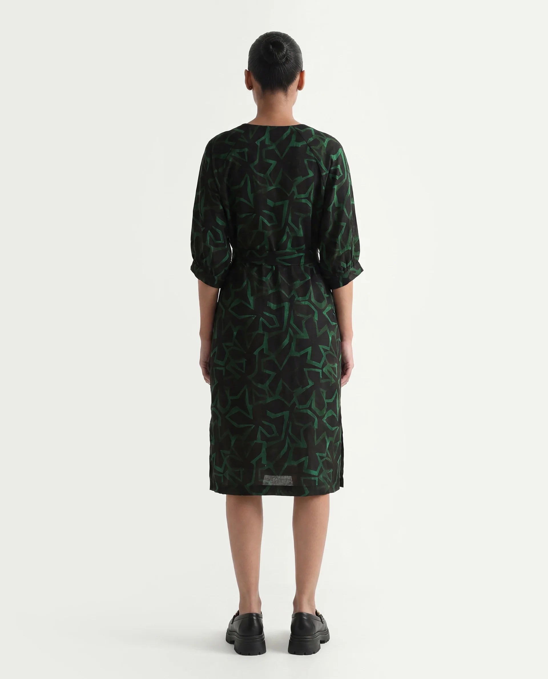 Rareism Women's Feray Dark Black Linen V-Neck Geometric Print Bishop Sleeve Midi A-Line Dress