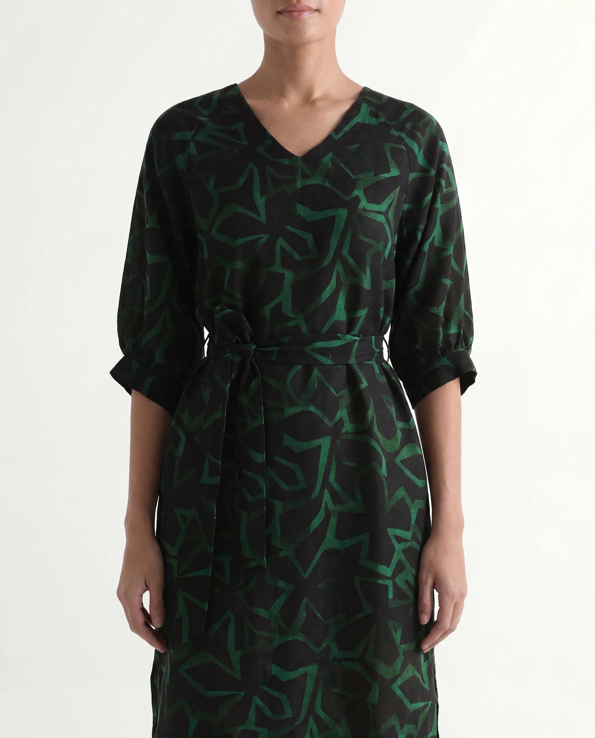 Rareism Women's Feray Dark Black Linen V-Neck Geometric Print Bishop Sleeve Midi A-Line Dress