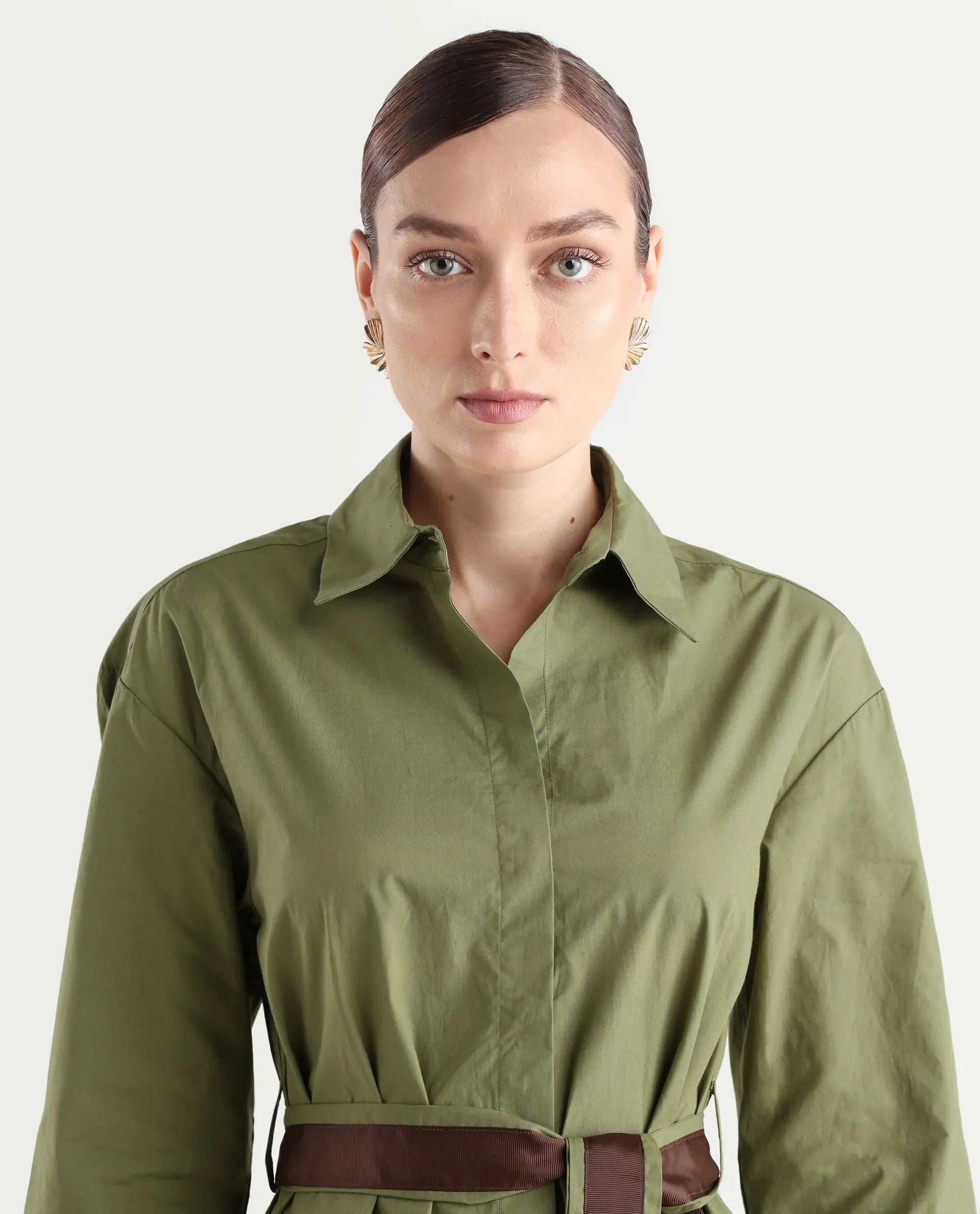 Rareism Women's Meztli Green Drop Collar Plain Cuffed Sleeve Mini A-Line Dress