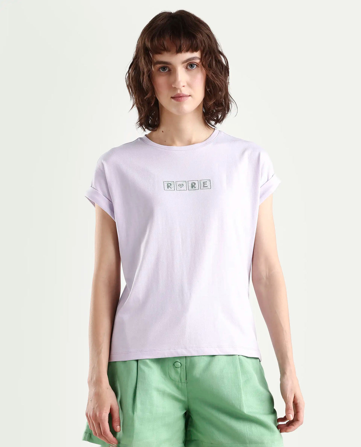 Rareism Women's Alexy Pastel Purple Cotton Blend Crew Neck Graphic Print Extended Sleeves Regular Fit T-Shirt