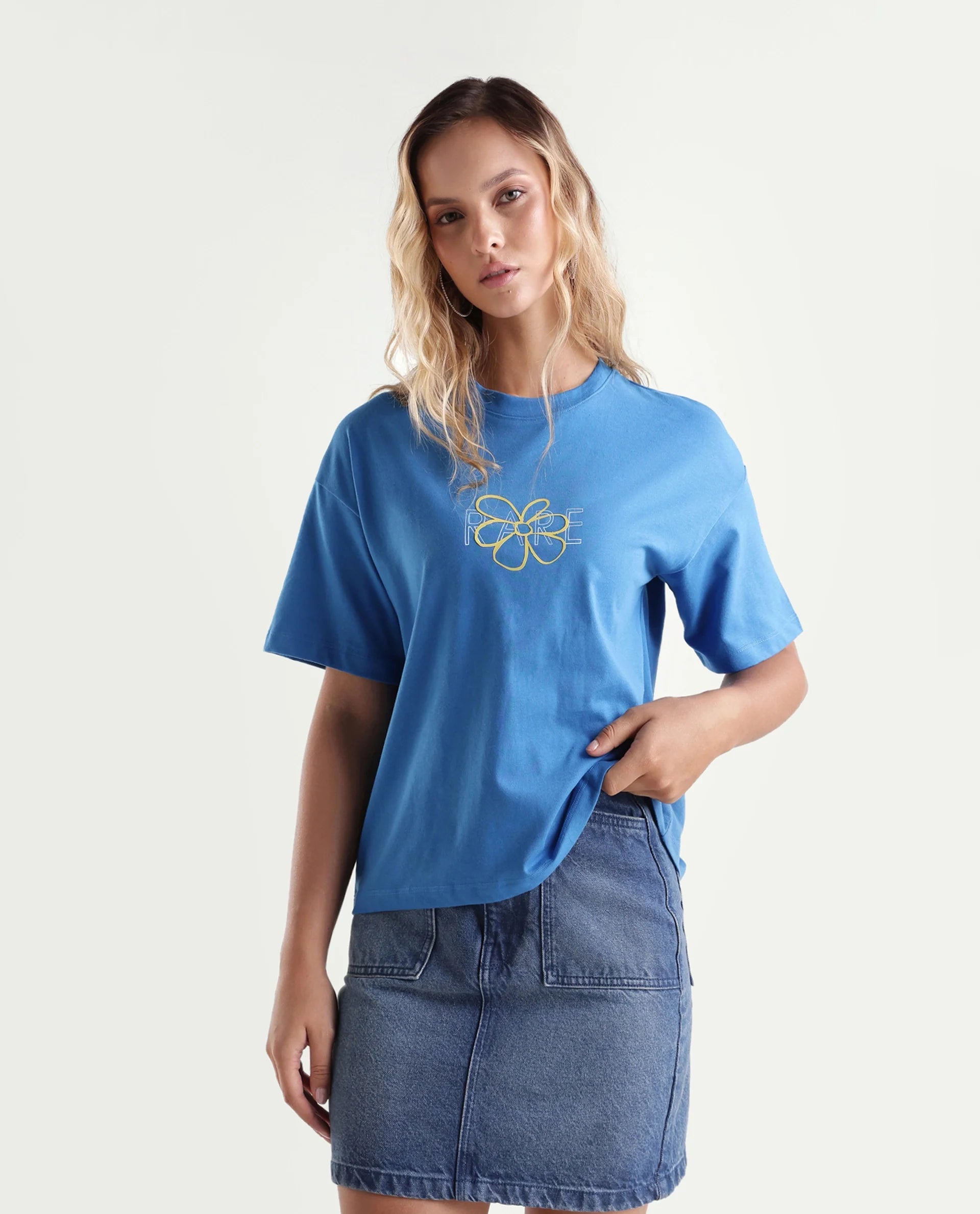 Rareism Women's Karen Blue Cotton Blend Crew Neck Graphic Print Boxy Fit T-Shirt