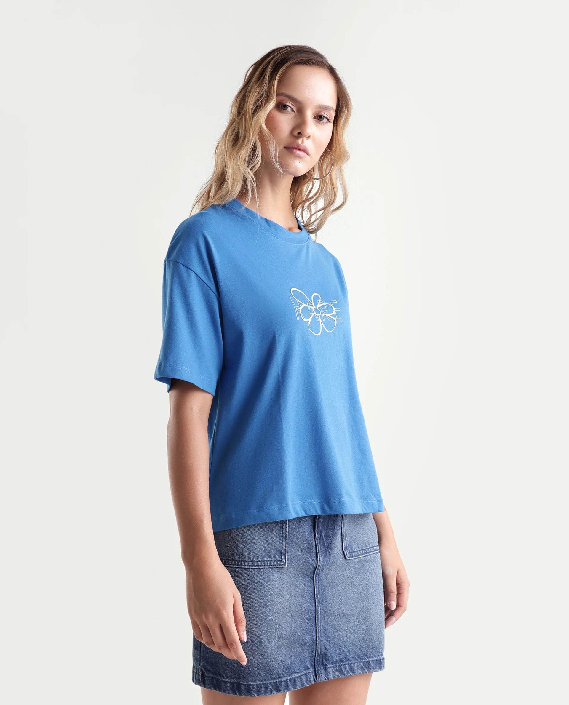 Rareism Women's Karen Blue Cotton Blend Crew Neck Graphic Print Boxy Fit T-Shirt