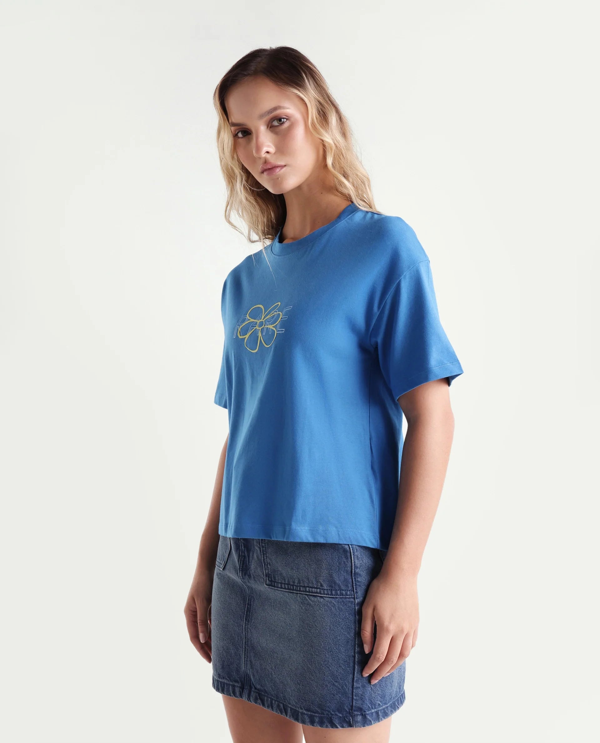 Rareism Women's Karen Blue Cotton Blend Crew Neck Graphic Print Boxy Fit T-Shirt