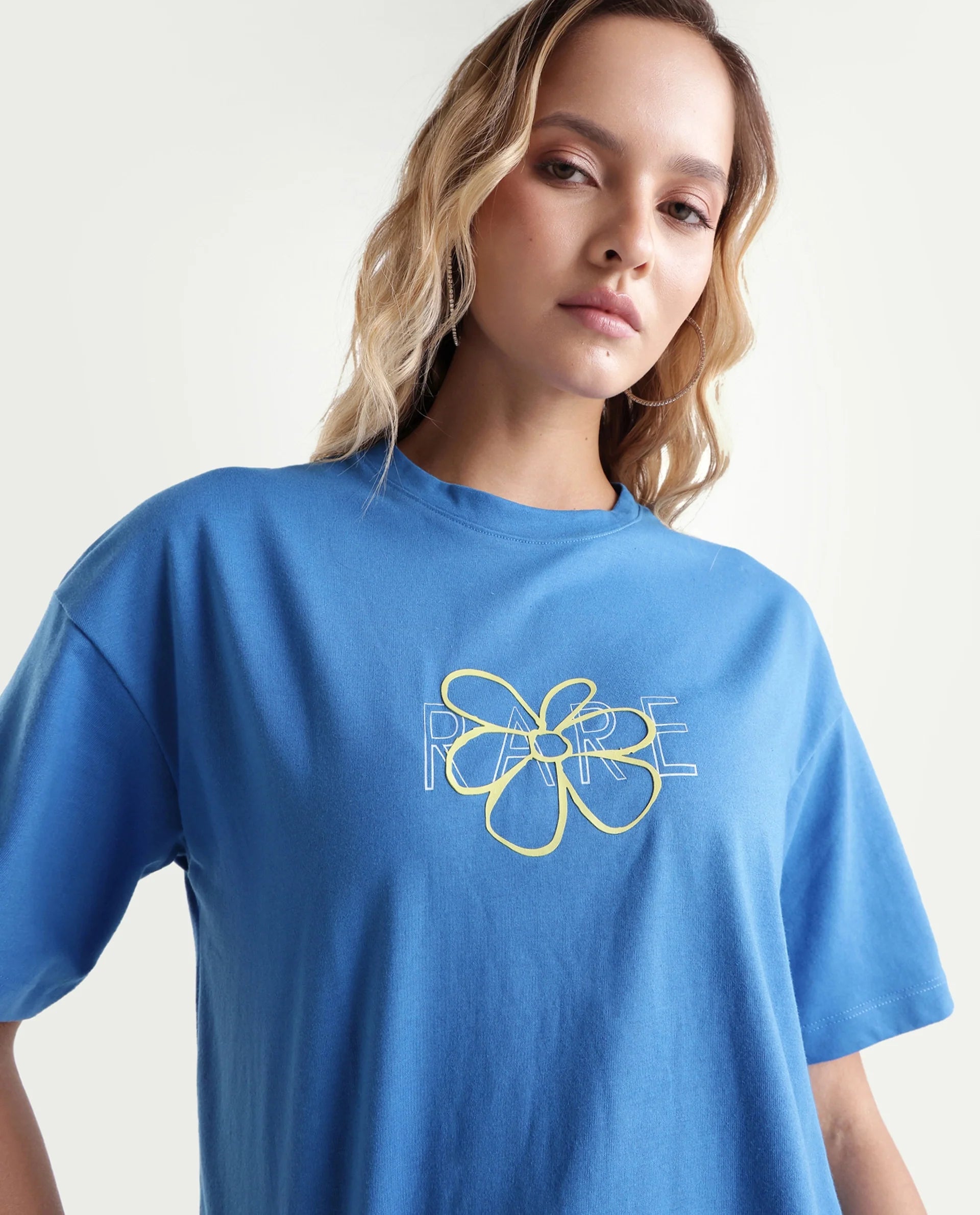 Rareism Women's Karen Blue Cotton Blend Crew Neck Graphic Print Boxy Fit T-Shirt