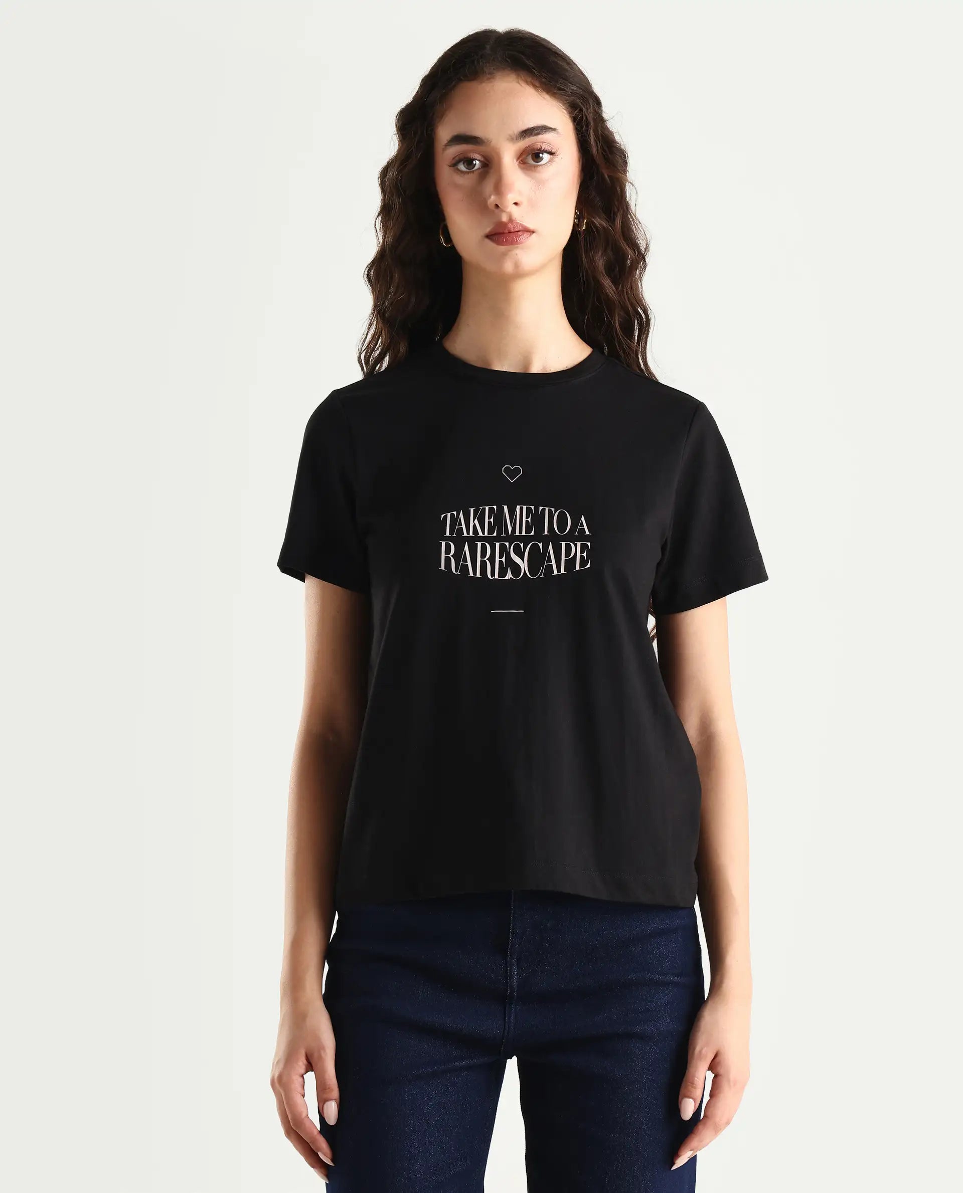 Rareism Women's Cotton Blend Crew Neck Graphic Print Regular Fit T-Shirt