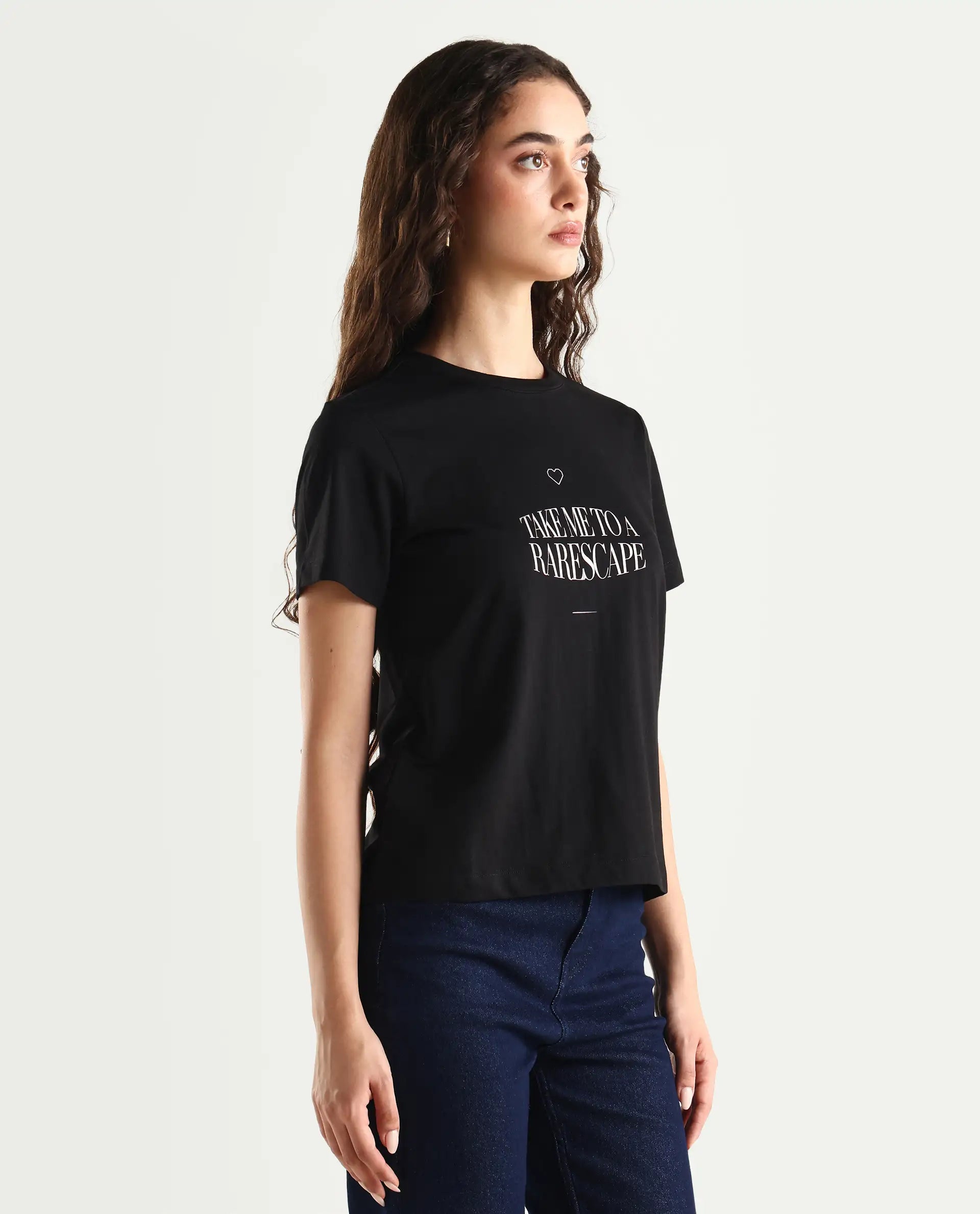 Rareism Women's Cotton Blend Crew Neck Graphic Print Regular Fit T-Shirt