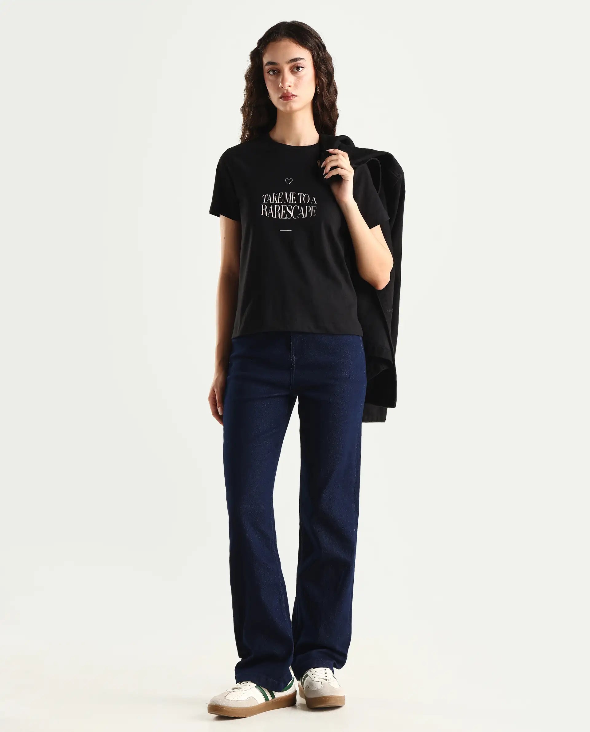 Rareism Women's Cotton Blend Crew Neck Graphic Print Regular Fit T-Shirt