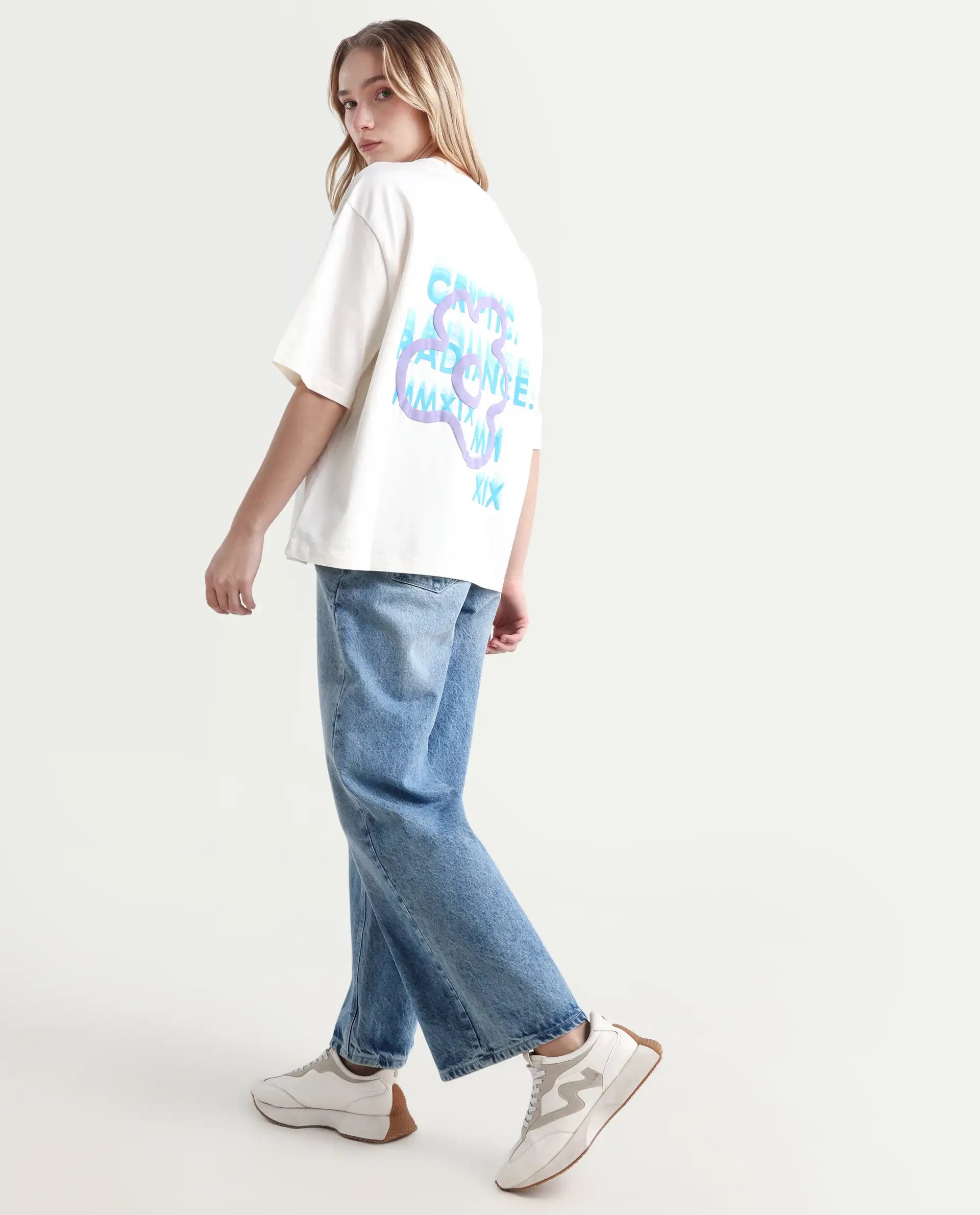 Rareism Women's Fiona Off White Cotton Blend Crew Neck Graphic Print Relaxed Fit T-Shirt