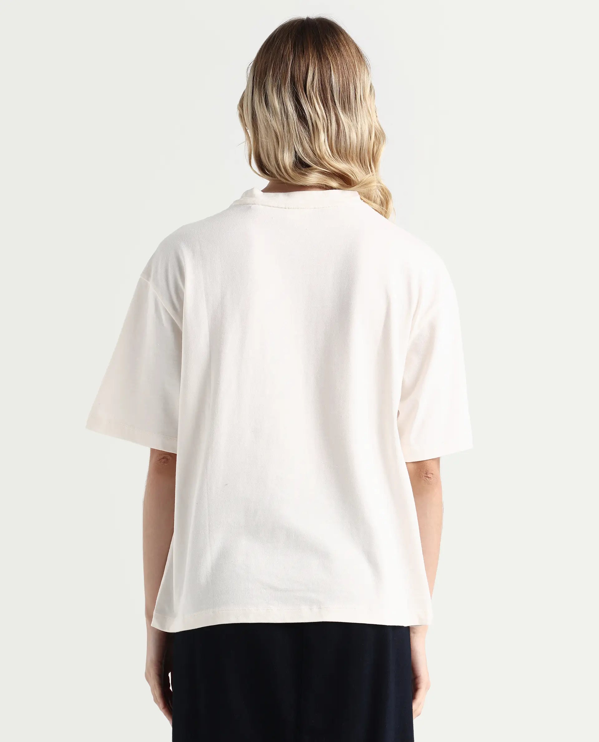 Rareism Women's Ida Off White Cotton Blend Crew Neck Graphic Print Relaxed Fit T-Shirt