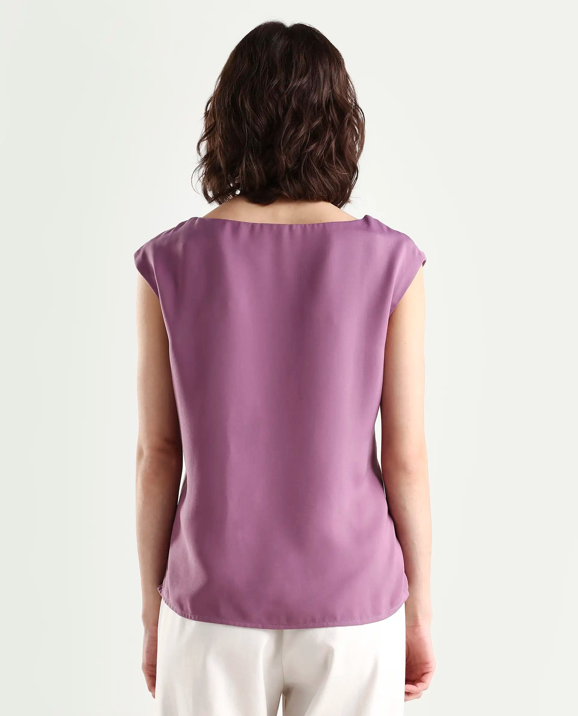 Rareism Women's Wevillet Pastel Purple Satin Boat Neck Plain Sleeveless Regular Fit Top