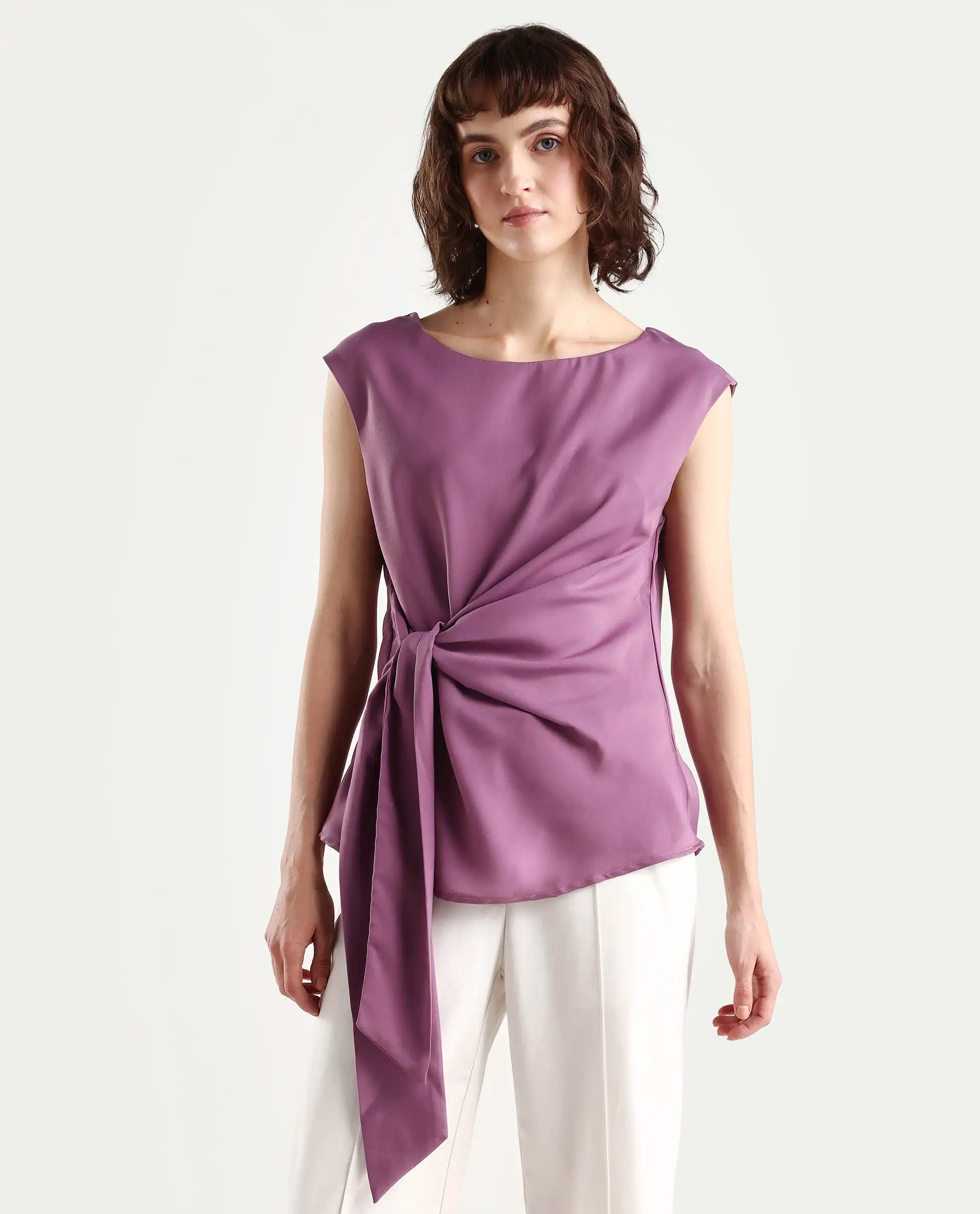 Rareism Women's Wevillet Pastel Purple Satin Boat Neck Plain Sleeveless Regular Fit Top